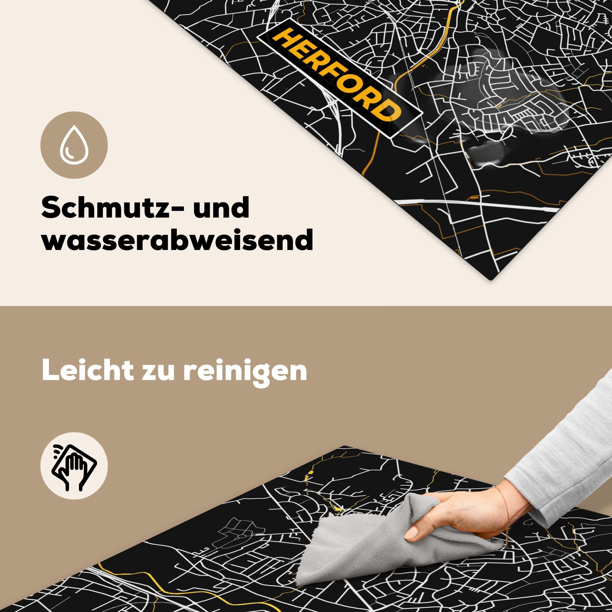 Herdblende-/Abdeckplatte Vinyl, MuchoWow Schwarz Herford küche - cm, Ceranfeldabdeckung, (1 und - tlg), Gold für Karte, 78x78 Deutschland - Arbeitsplatte - Stadtplan