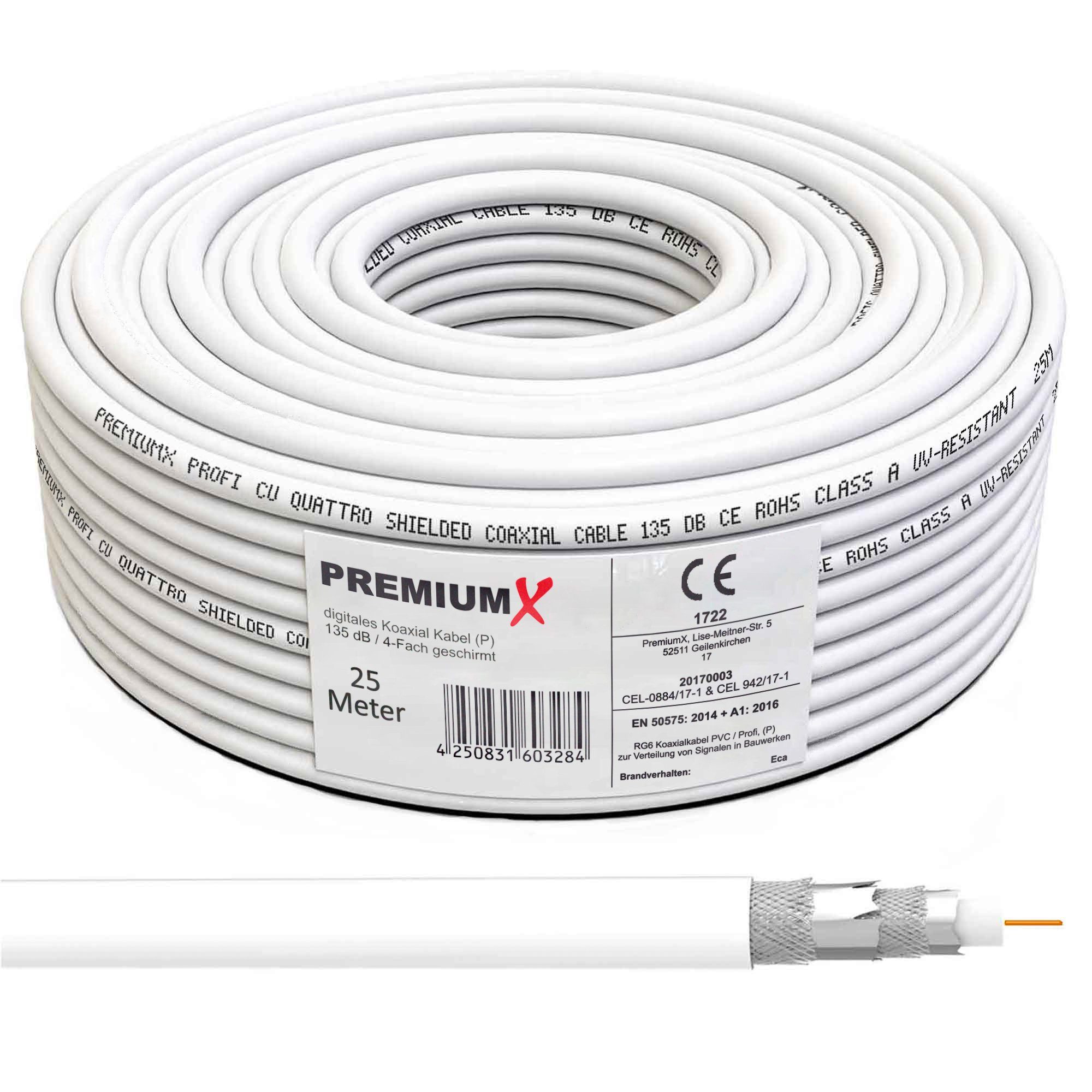 PremiumX 25m PROFI Koaxial Kabel 135 dB 4-Fach geschirmt REINES KUPFER TV-Kabel
