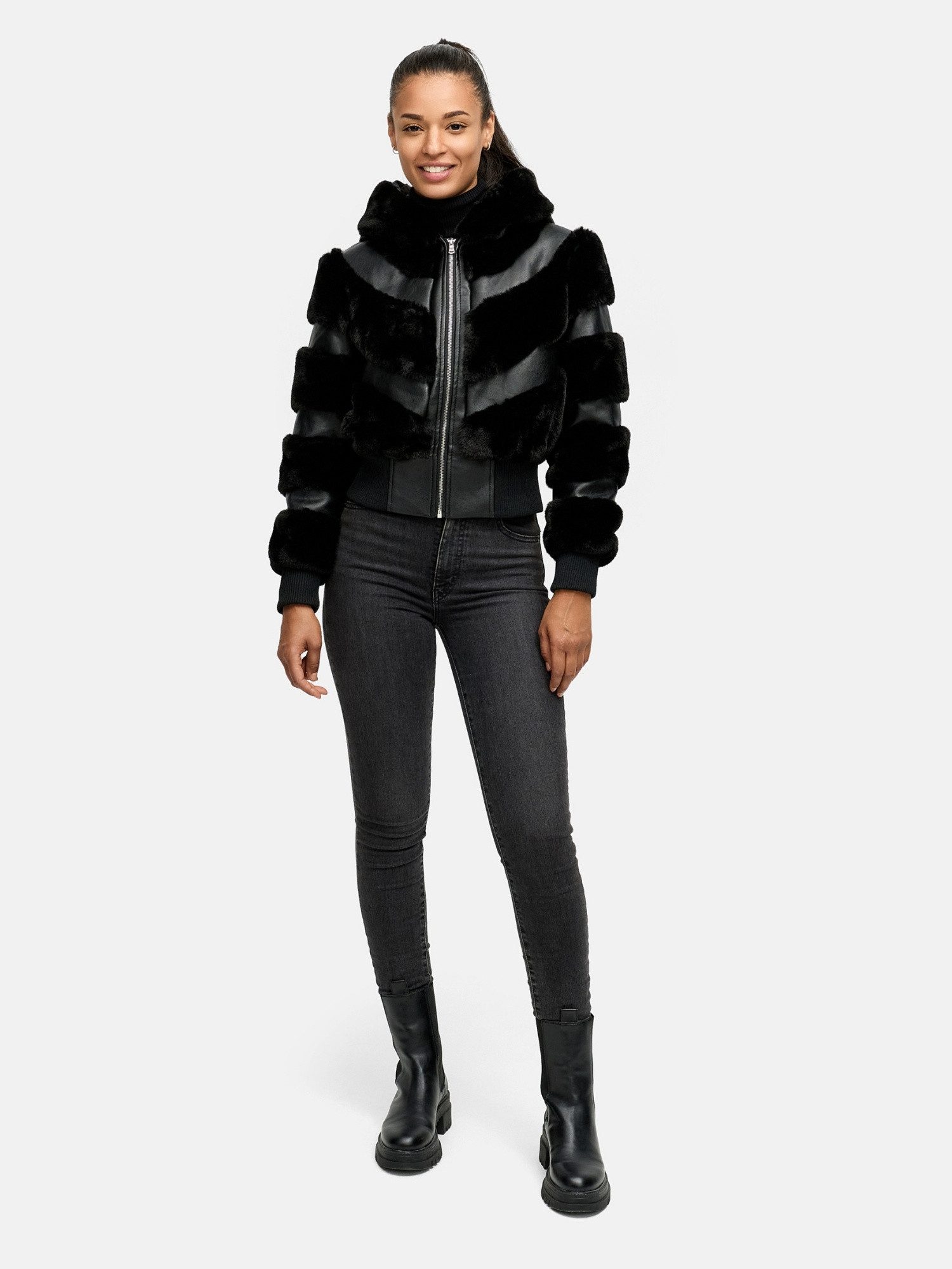Tazzio Winterjacke F803 mit Kapuze, im Bomber-Style & Fell-Streifen-Look günstig online kaufen