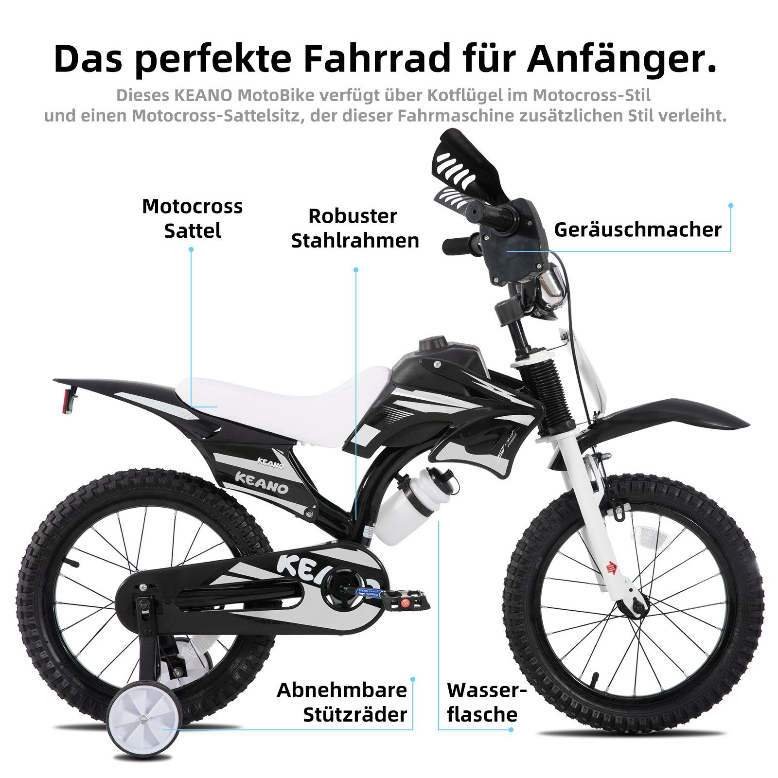 JOYSTAR Kinderfahrrad 12/16 Zoll fahrrad im Motorradstil für 3-8 Jahren Jungen und Mädchen, mit Stützrädern, Getränkehalter und Schutzblechen