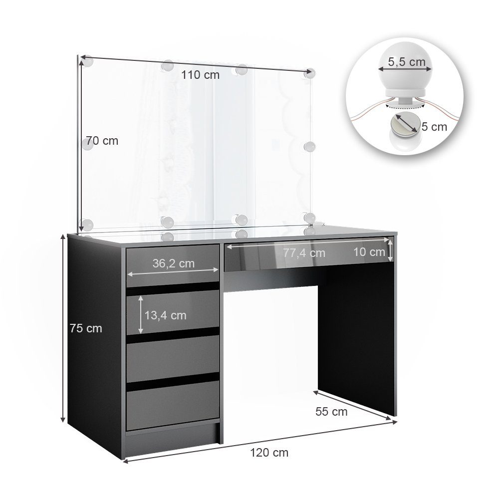 Vicco Schminktisch Sherry, Anthrazit Hochglanz, 120 cm mit LED Beleuchtung (2-St)