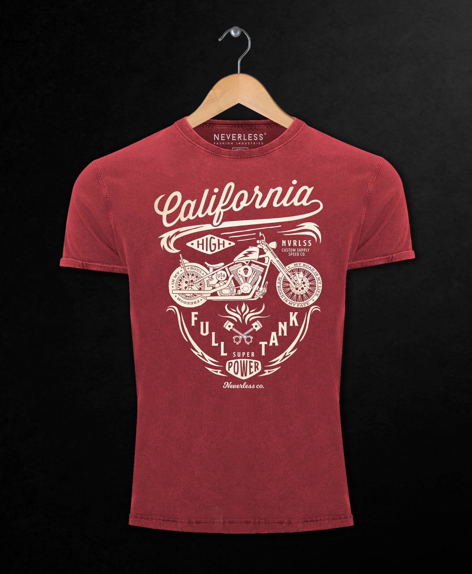 mit Schriftzug rot Look Used Biker Full Neverless® Print-Shirt Motorrad Neverless Herren Fit Tank Slim Vintage Shirt Print California