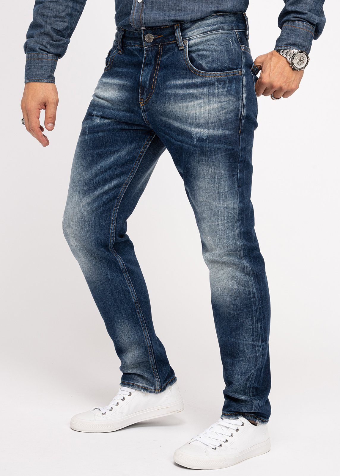 Indumentum Stonewashed Dunkelblau Jeans IR-503 Regular-fit-Jeans Herren