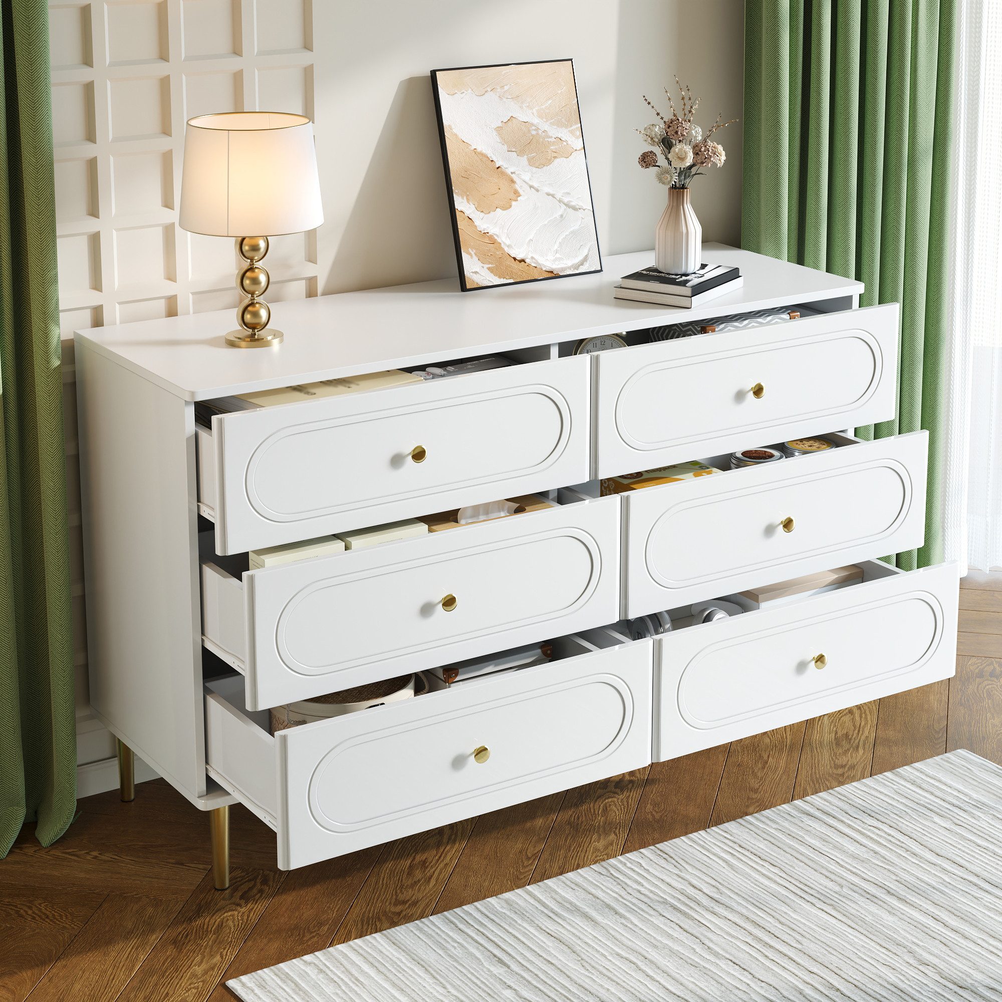 STILVORA Sideboard in Weiß Aufbewahrungsschrank Kommode mit Metallfüße (Kommode mit 6 Schubladen und Metallfüßen, moderner Stil, Ovalen Vertiefungen, Metallgriffe, stabile Metallfüße modern), für Wohnzimmer, Schlafzimmer, Flur, moderne Aufbewahrung