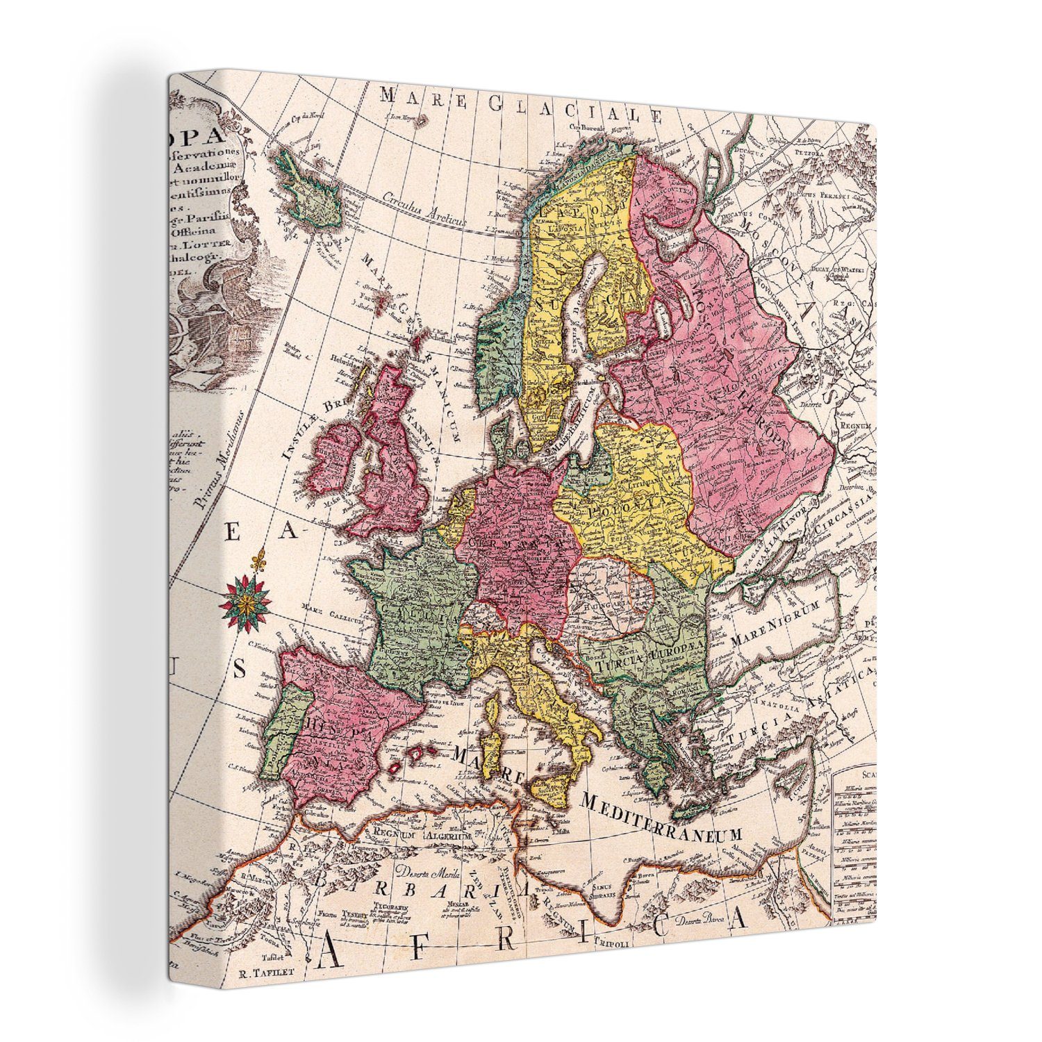OneMillionCanvasses® Leinwandbild Europa - Karte - Kontinent - Vintage, (1 St), Leinwand Bilder für Wohnzimmer Schlafzimmer