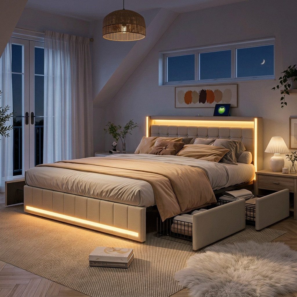 PXloue Polsterbett LED-Bett mit Stauraum und Ladeanschluss (Geeignet für Jugendliche und Erwachsene), Fernbedienung für LED-Farben und sicheres Leinenmaterial 140x200 cm