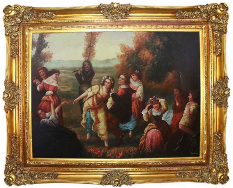 Casa Padrino Ölgemälde Barock Ölgemälde Gartenfest Mehrfarbig / Gold 160 x 10 x H. 130 cm - Handgemaltes Gemälde mit prunkvollem Rahmen im Barockstil - Wanddeko im Barockstil