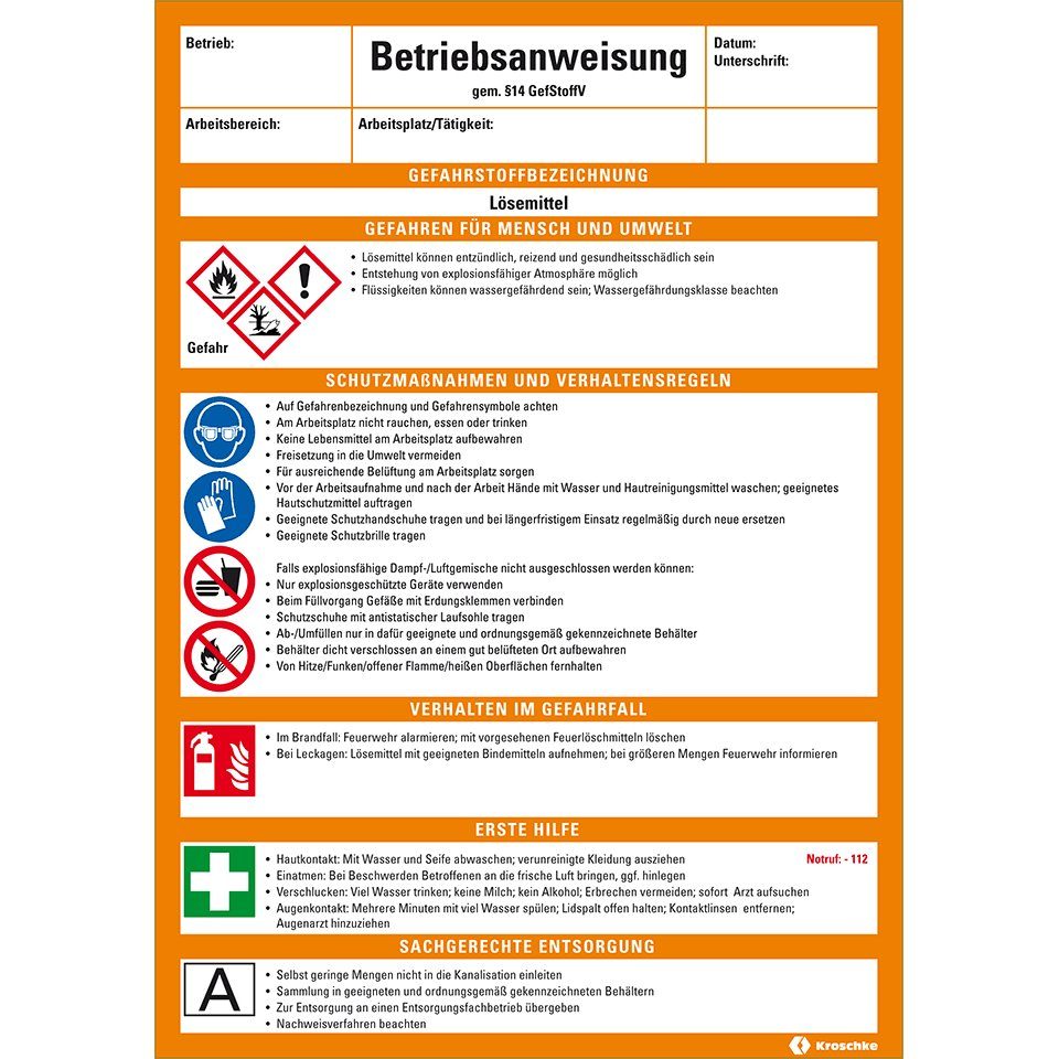 König Werbeanlagen Hinweisschild Betriebsanweisung Lösemittel, CLP/GHS, Kunststoff, 210x297mm