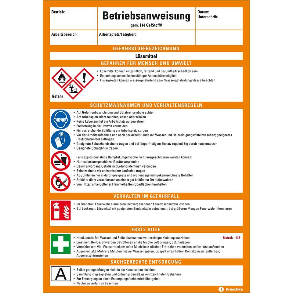 Hinweisschild Betriebsanweisung Lösemittel, CLP/GHS, Kunststoff, 210x297mm
