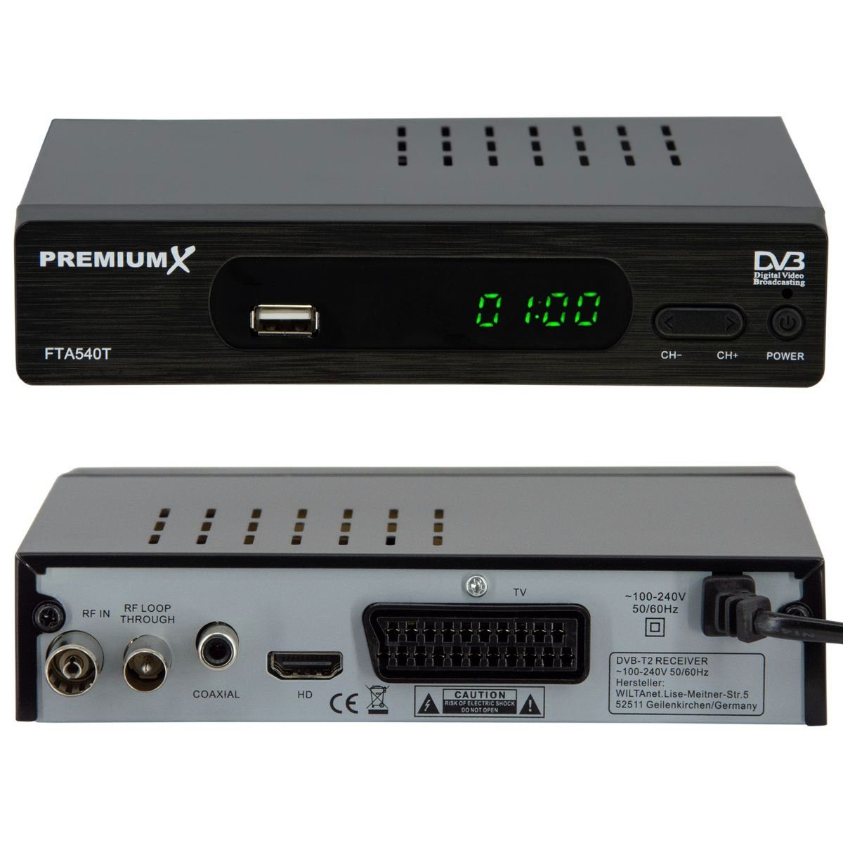 PremiumX FTA 540T Full HD Digital DVB-T2 Receiver USB SCART HDMI Antennenkabel DVB-T2 Receiver