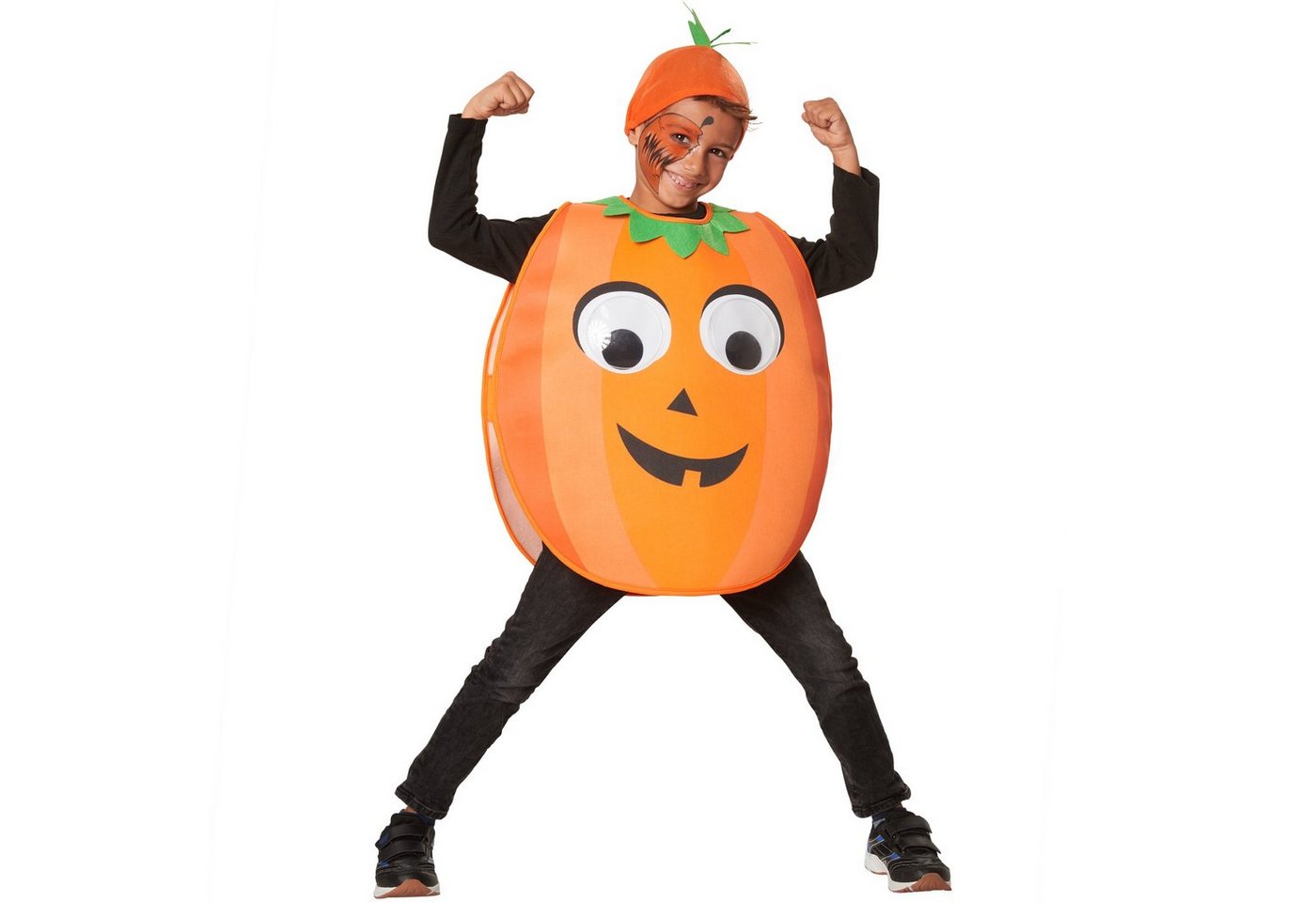 dressforfun Lebensmittel-Kostüm Halloweenkürbis/Kürbisfigur, in schwarz/orange, Gr. 128 (7-8 Jahre), Nase und Mund, Kragen mit grünem Rand, Stoffmütze mit grünen Blättern