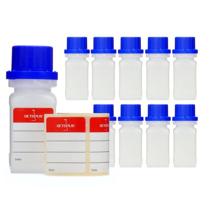 OCTOPUS Kanister 10x 50 ml Weithals-Flasche mit blauem Deckel naturfarben vierkant (10 St)