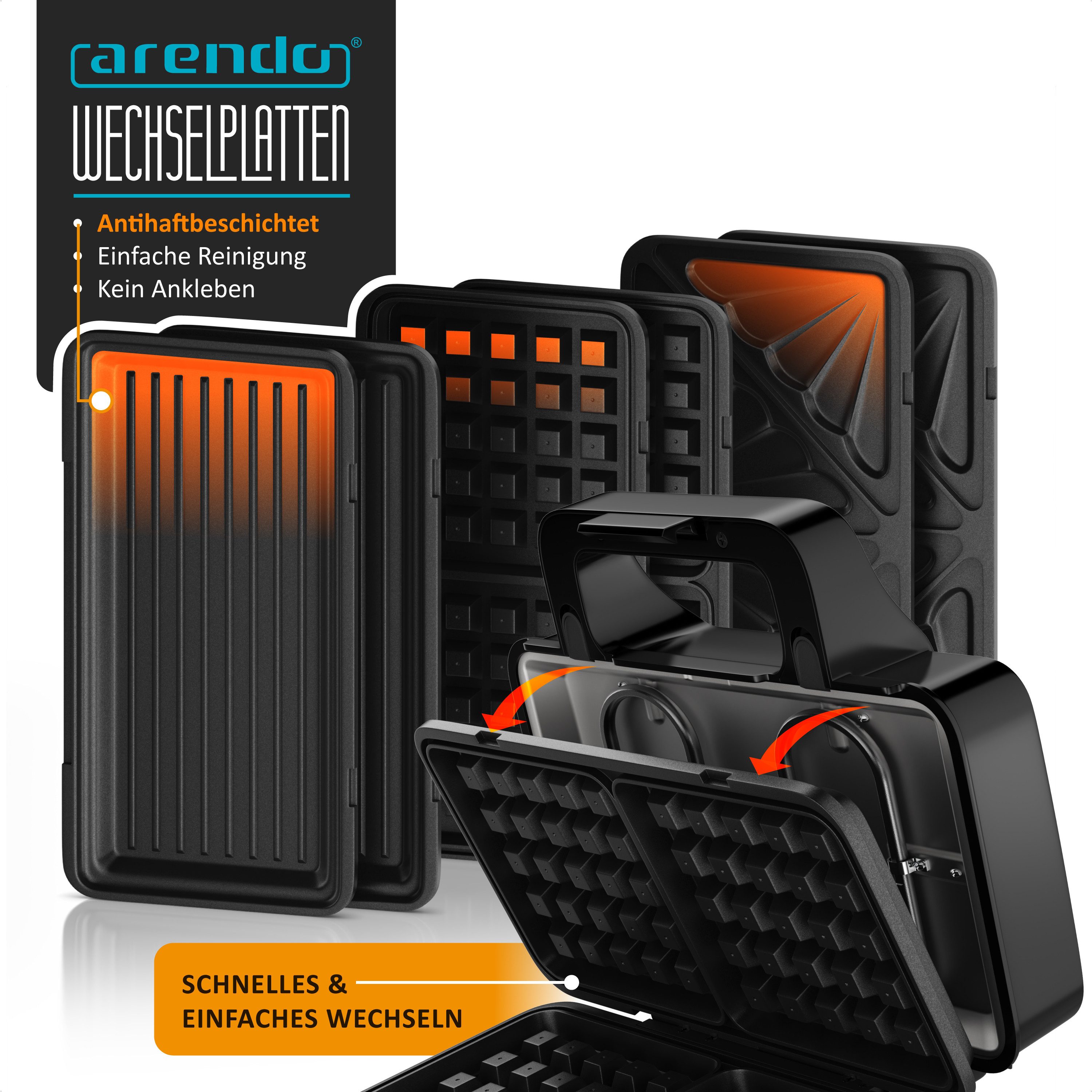 Arendo 3-in-1-Sandwichmaker Multifunktions-Snackmaker für Sandwich, Waffel & Panini, Kontaktgrill, 900 W, Edelstahl-Applikation, Verriegelung, Antihaftbeschichtung, Kompakt