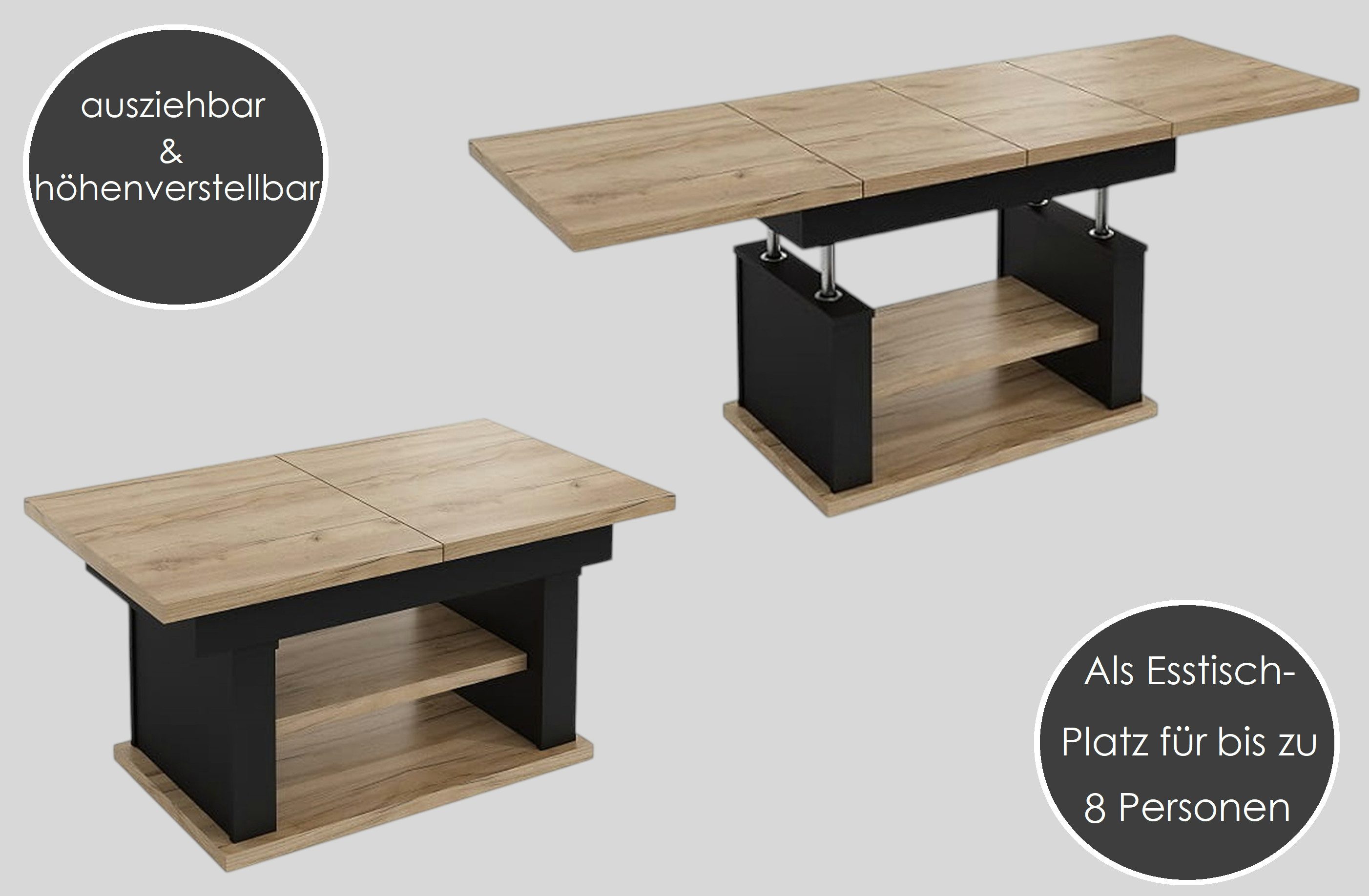 designimpex Couchtisch DA-666 höhenverstellbar ausziehbar 120/200 cm Esstisch Wohnzimmer, Funktionstisch, Wohnzimmertisch, Tisch, Esstisch, Sofatisch, Schublade