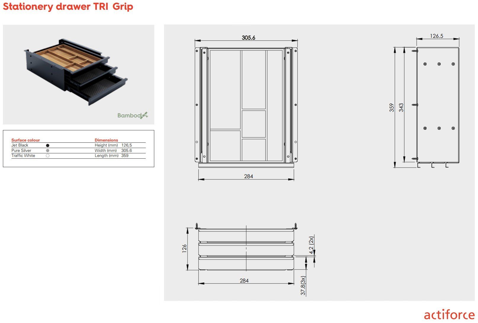 Befestigung inkl. zur TRI Weiß Schubladenbox mit Vollauszug, der Bambus-Einlage), praktischer PRO, Actiforce Arbeitsplatte (Schreibtisch Stiftablage, Unterbauschublade Schubladenauszug, Utensilien-Auszug, unterhalb Einlage Unterbauschublade, Box, 3-Fach Organizer,