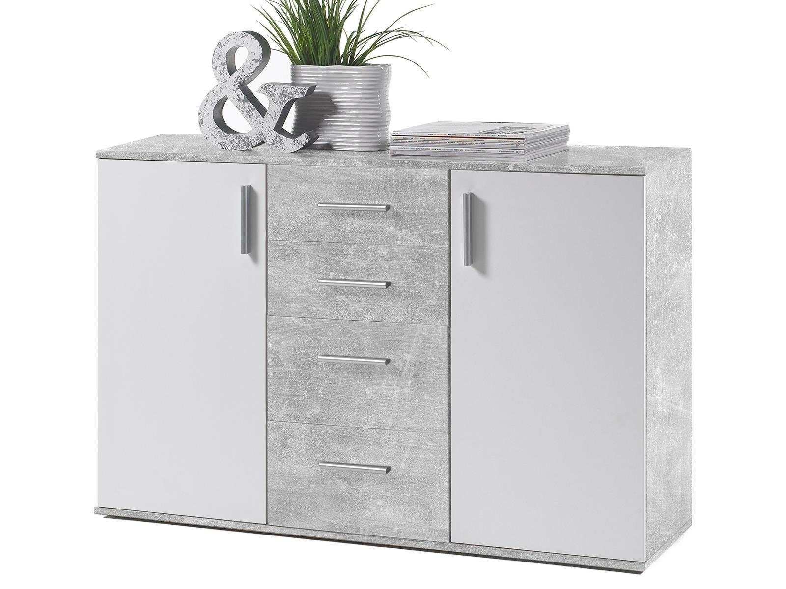 Kommode aus Spanplatte, in Beton / Weiß, mit 2 Türen, 4 Schubkästen