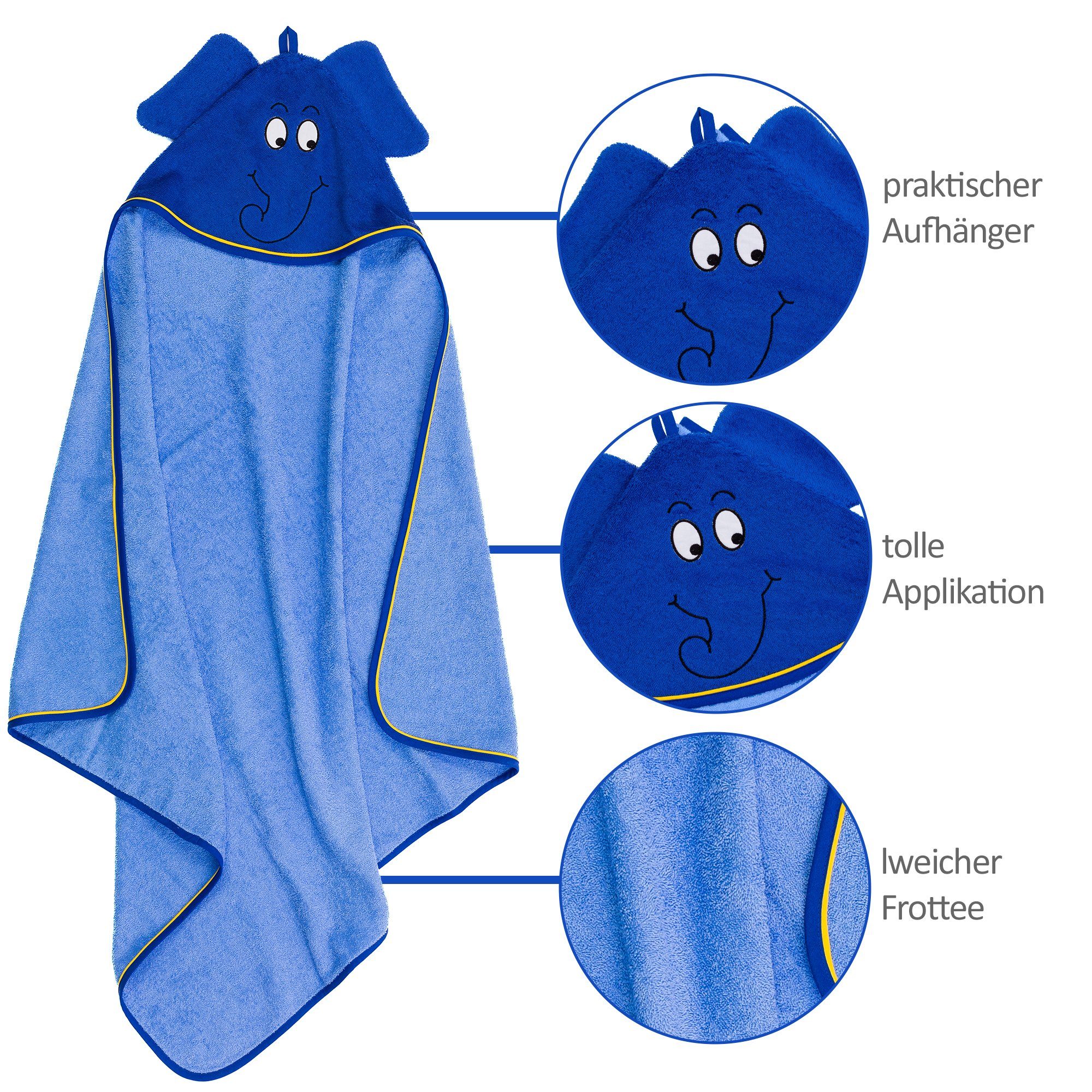 Smithy Handtuch Set Set 2-tlg. Kapuzenhandtuch Frottee, dem mit Kapuzenhandtuch Waschhandschuh (Spar-Set, und blauen Set und aus Waschhandschuh Elefanten, 2-tlg)