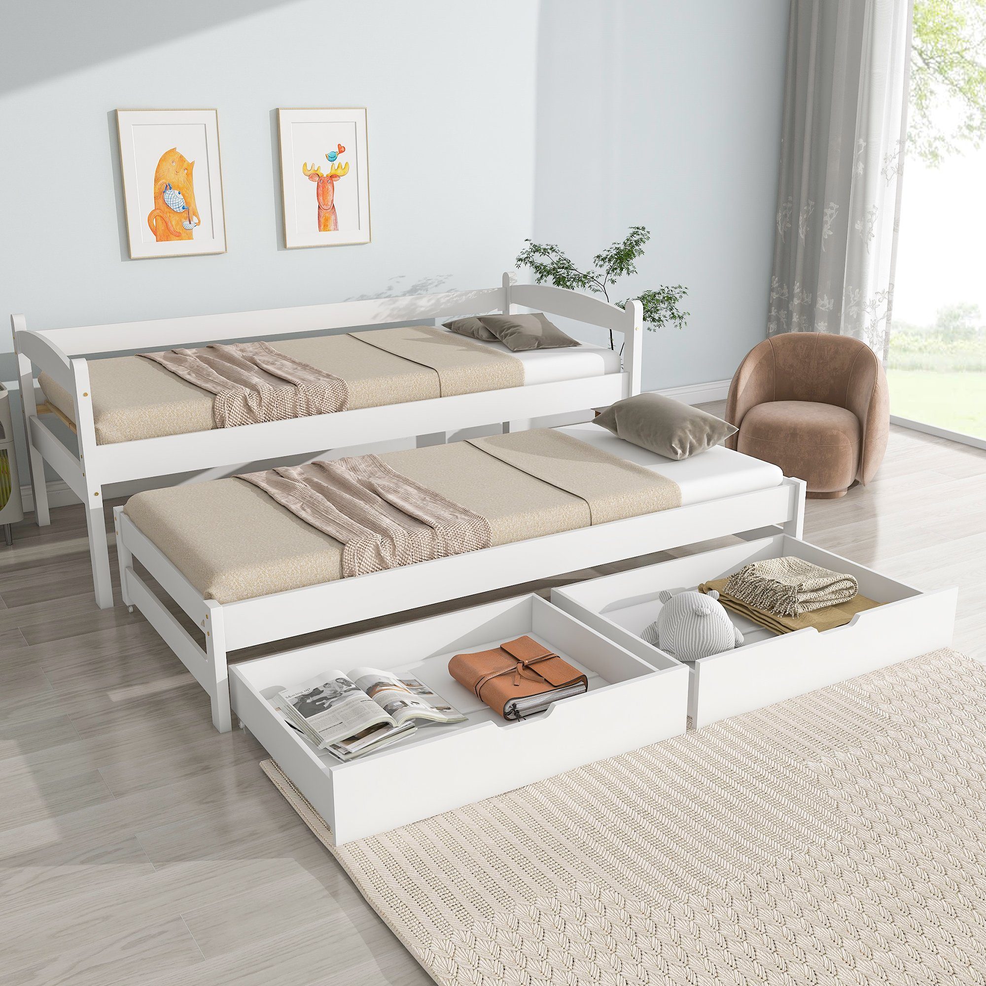 SOFTWEARY Einzelbett mit 2. Schlafgelegenheit, Lattenrost und 2 Schubladen,  90x200 cm, Holzbett aus Kieferholz, Jugendbett