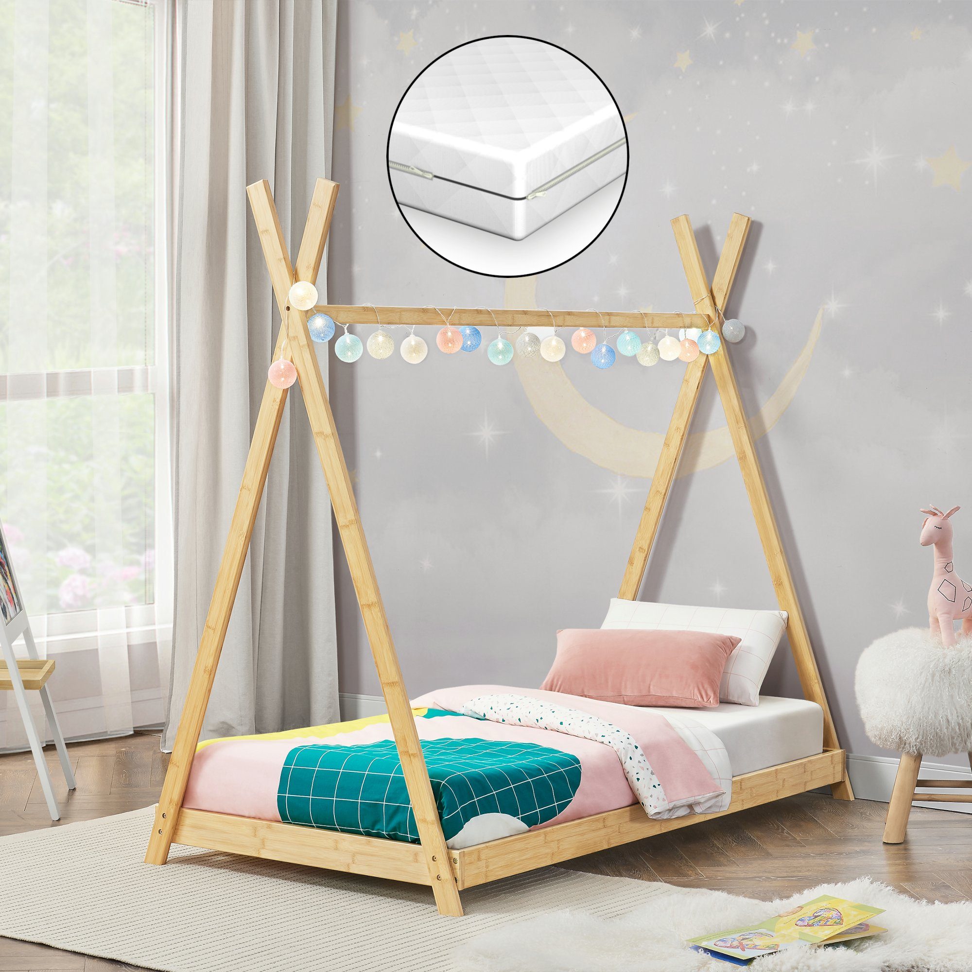en.casa Kinderbett, »Vimpeli« Bambus mit Matratze 70 x 140 cm