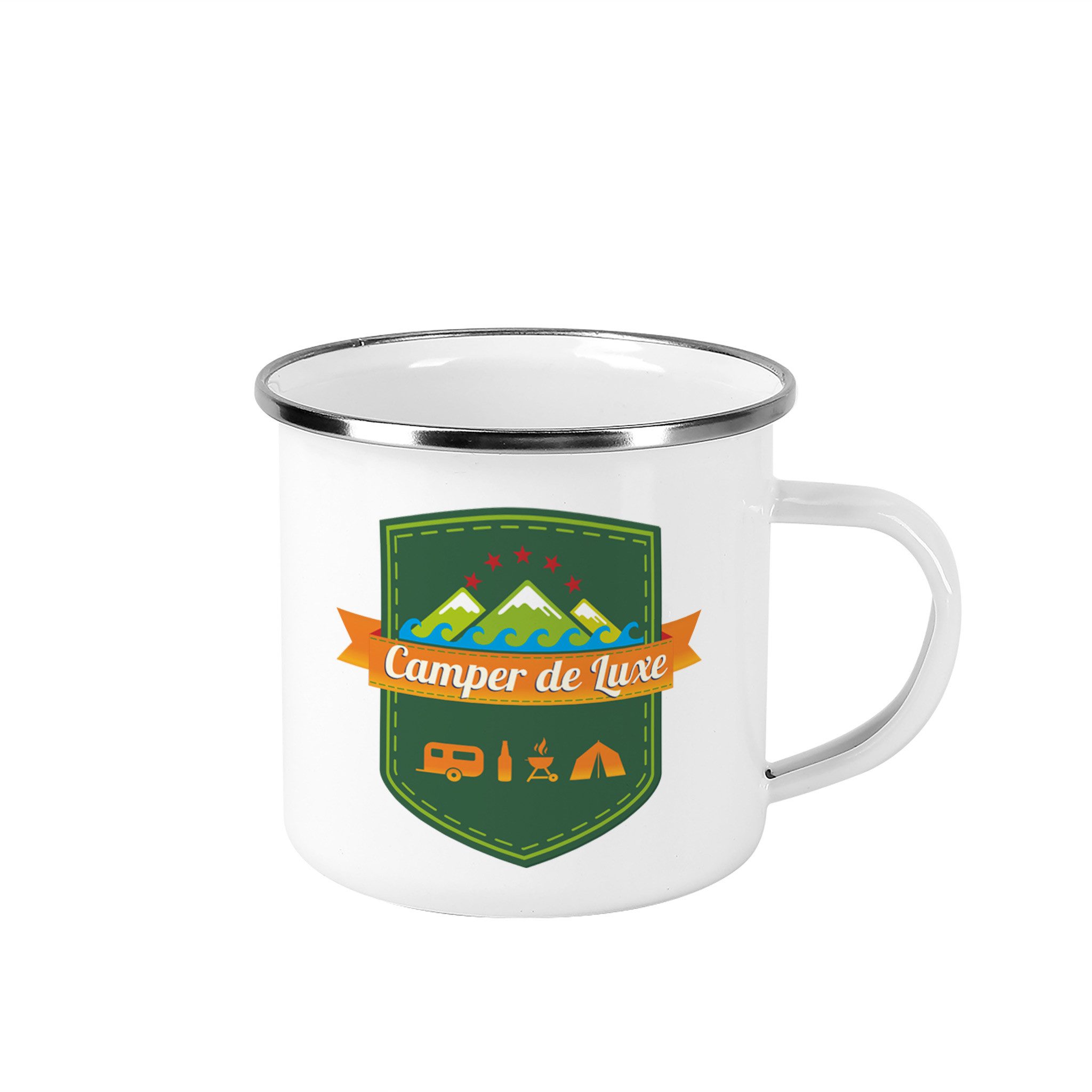 Herz & Heim Tasse aus Metall für Camper mit Camping-Motiv