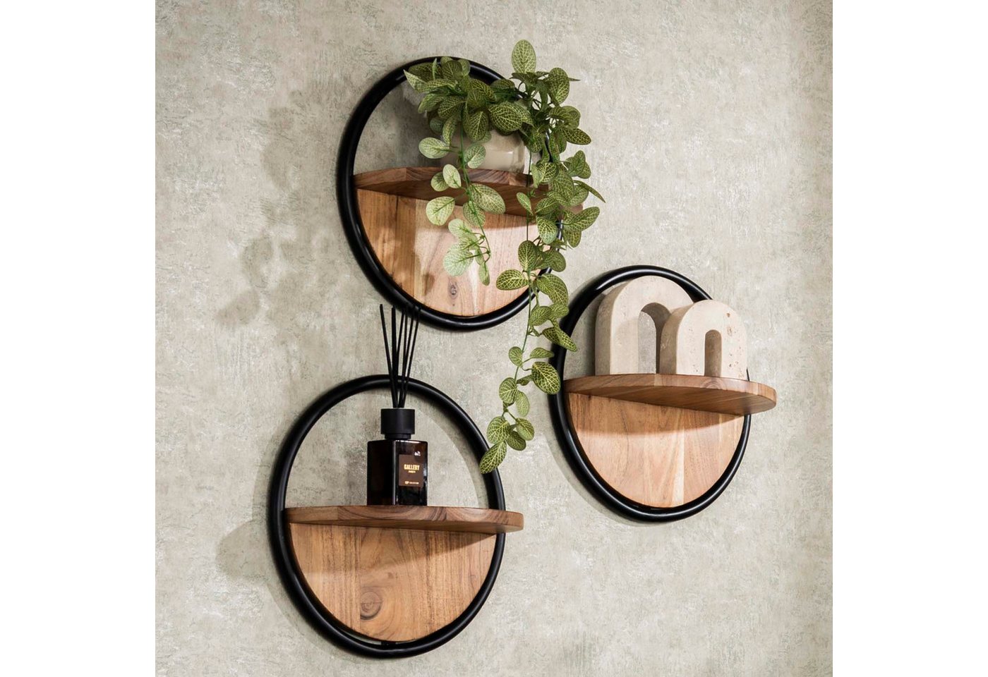 alesvelt Wandregal Set CIRCULO 3-teiliges Rundregal aus massiver Akazie mit Metallrahmen, 35x17x35cm, Akazienholz
