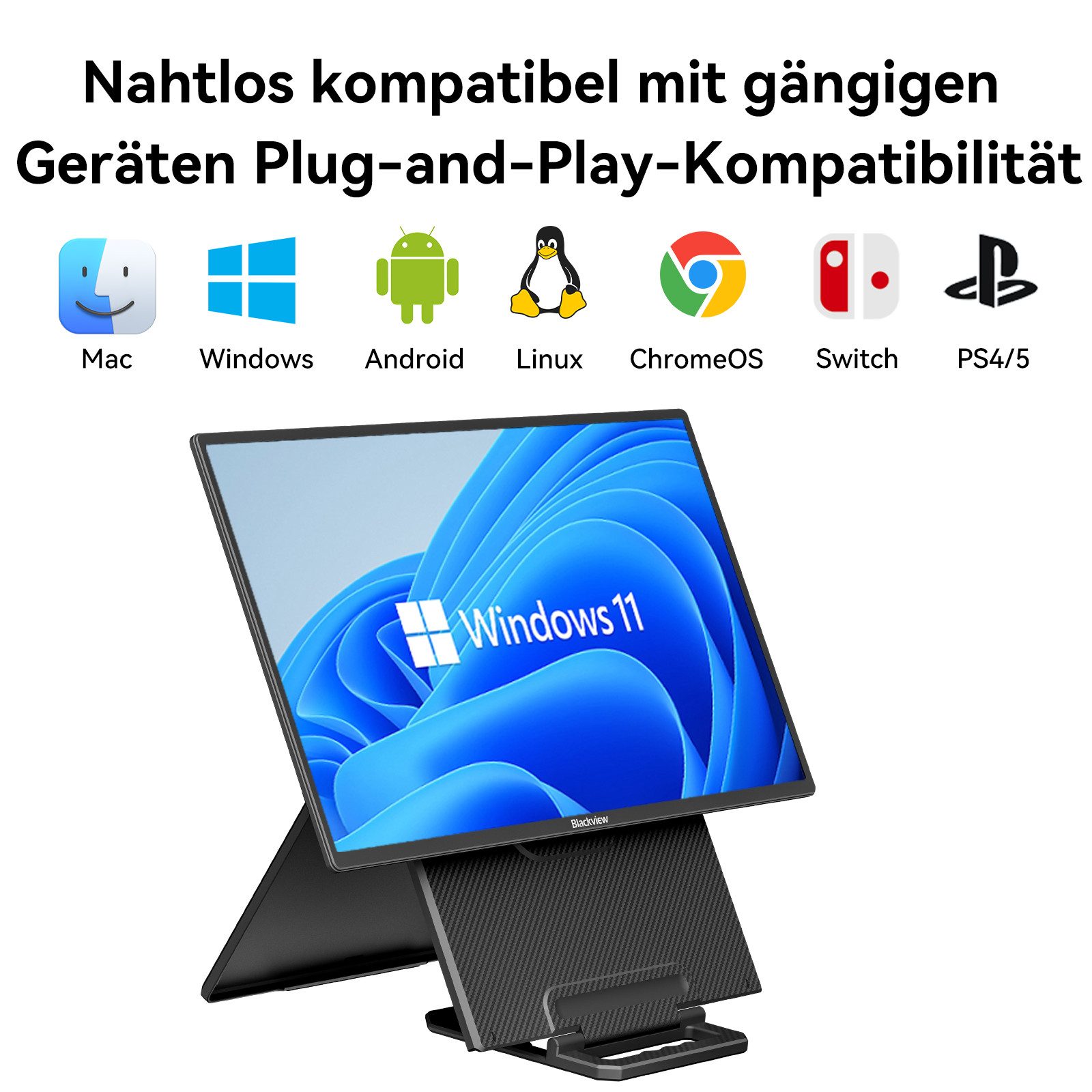 blackview 23,8'' FHD Laptop Bildschirm Erweiterung, LCD, IPS, 1920×1080 Portabler Monitor (60,5 cm/23,8 ", 1920x1080 px, Full HD, IPS, Gaming Monitor, Kompatibel mit Windows/Mac/Android/ChromeOS)