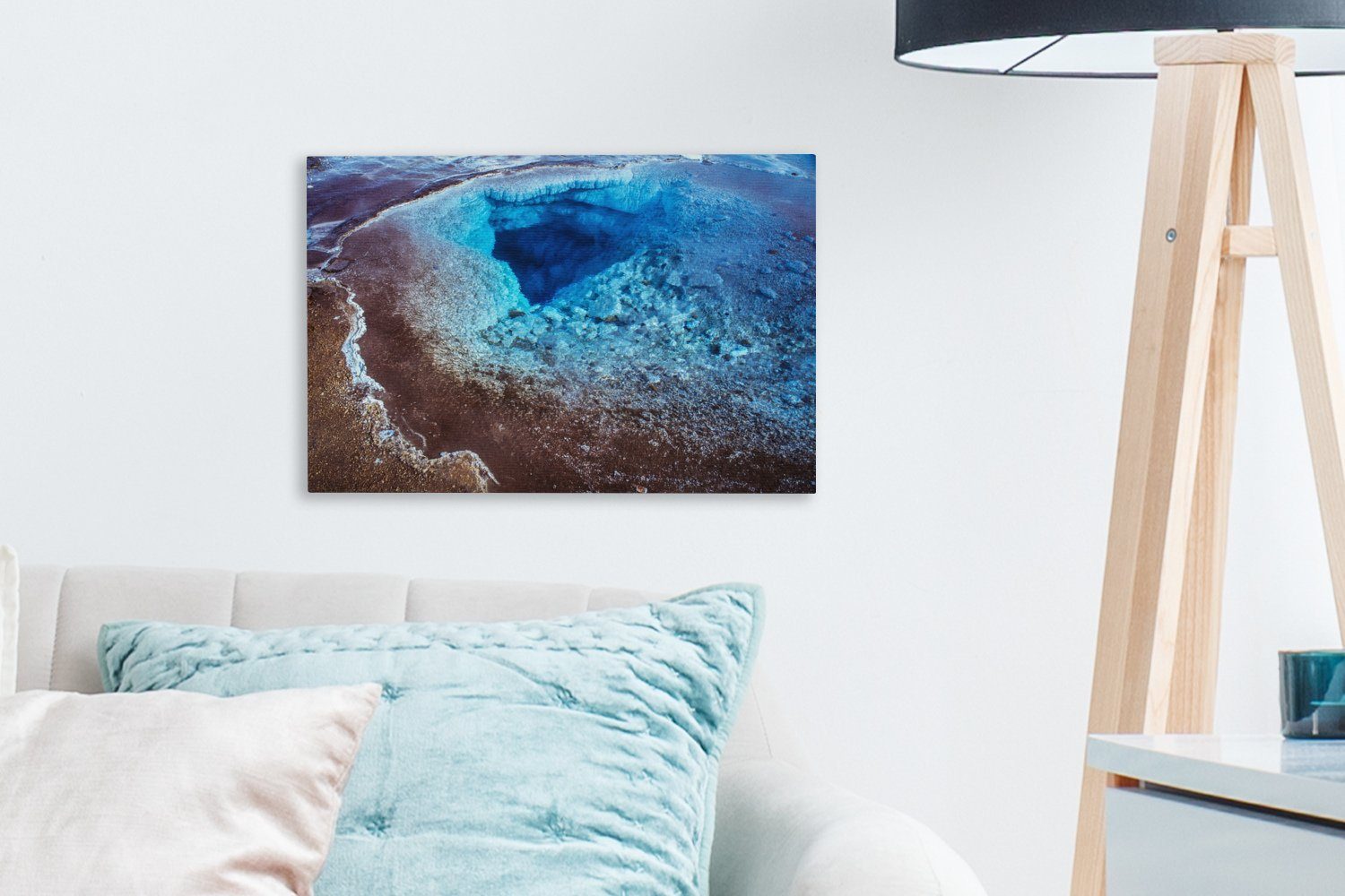 Island, Europäischen 30x20 Geysir Leinwandbilder, OneMillionCanvasses® hellblaue Wasser St), Leinwandbild Das cm Wanddeko, (1 Wandbild in am Aufhängefertig,