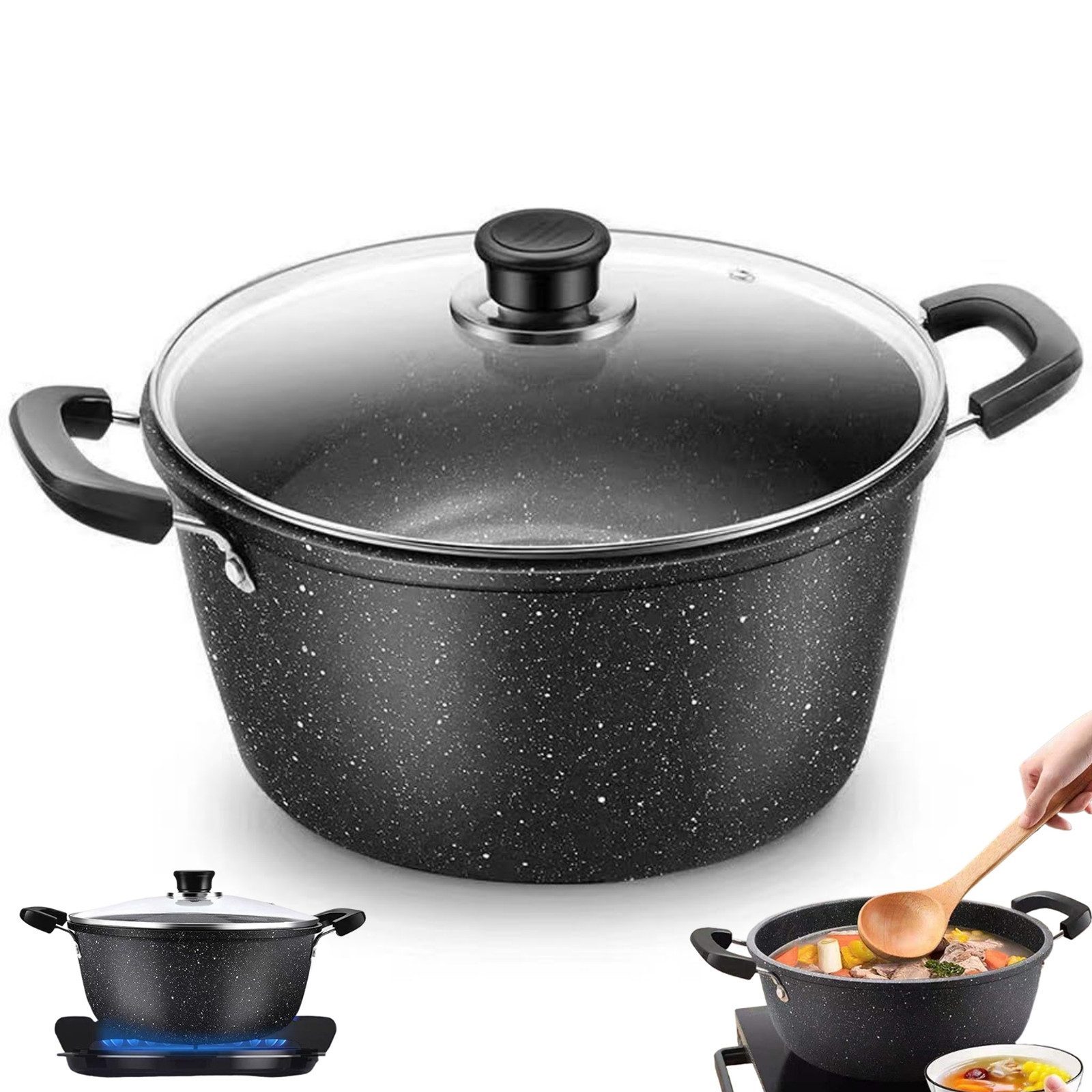 BlingBin Suppentopf 26 cm Kochtopf mit Deckel aus Gehärtetem Glas, Eisen (Non-Stick Antihaft Topf, 1-tlg., Ø 26 cm Kasserolle), Kochtopf, tiefer Stieltopf, Metalltopf mit zwei Griffen für Küche