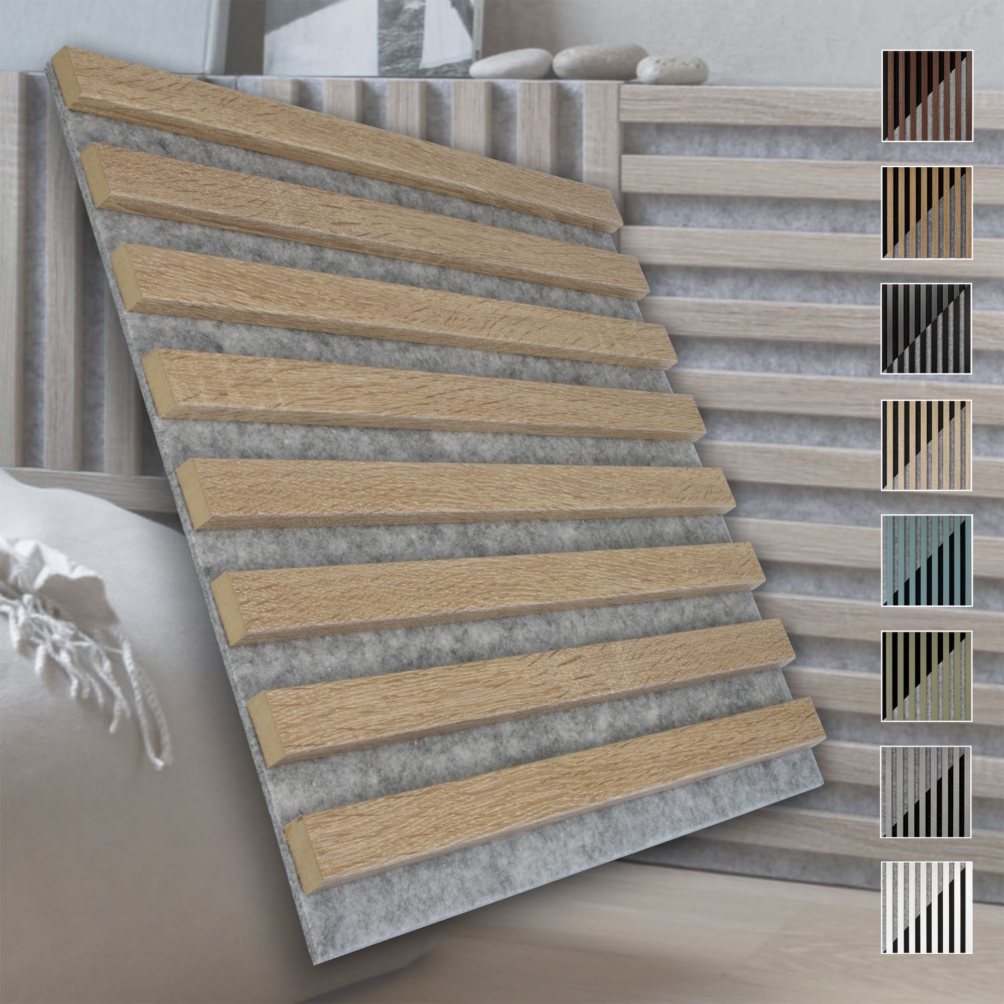 marbet design Wandpaneel, BxL: 40x40 cm, (Akustikpaneele Akustikquadrate 40x40cm Wandverkleidung Holz - (1 Paneel, grau - Sonoma Eiche) vertikal Akustikfilz Lamellenwand Platten)