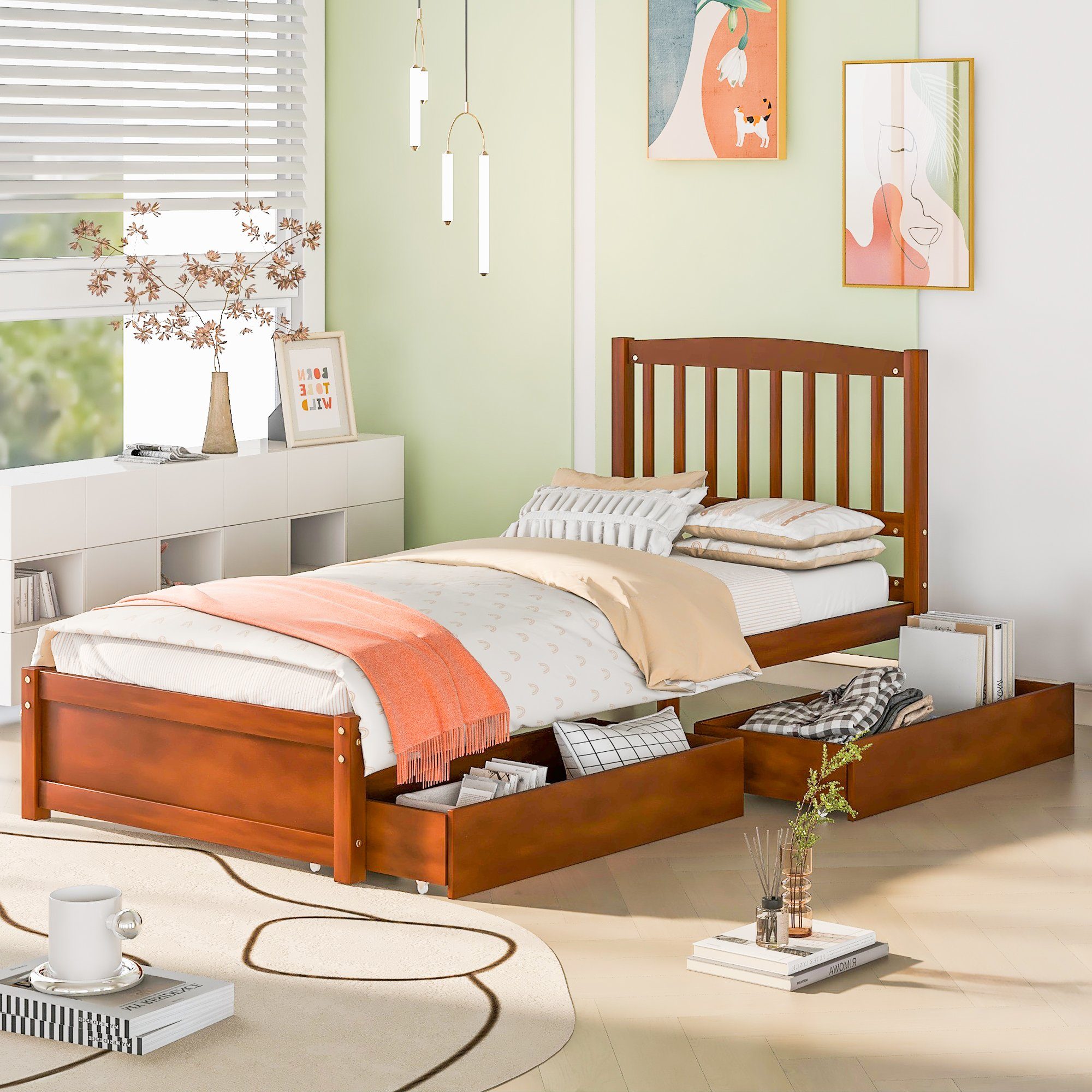 Massivholzbett (Einzelbett, mit 2 Schubladen, Lattenrost und Kopfteil), Kinderbett Jugendbett 90 x 200 cm, Kiefernholz