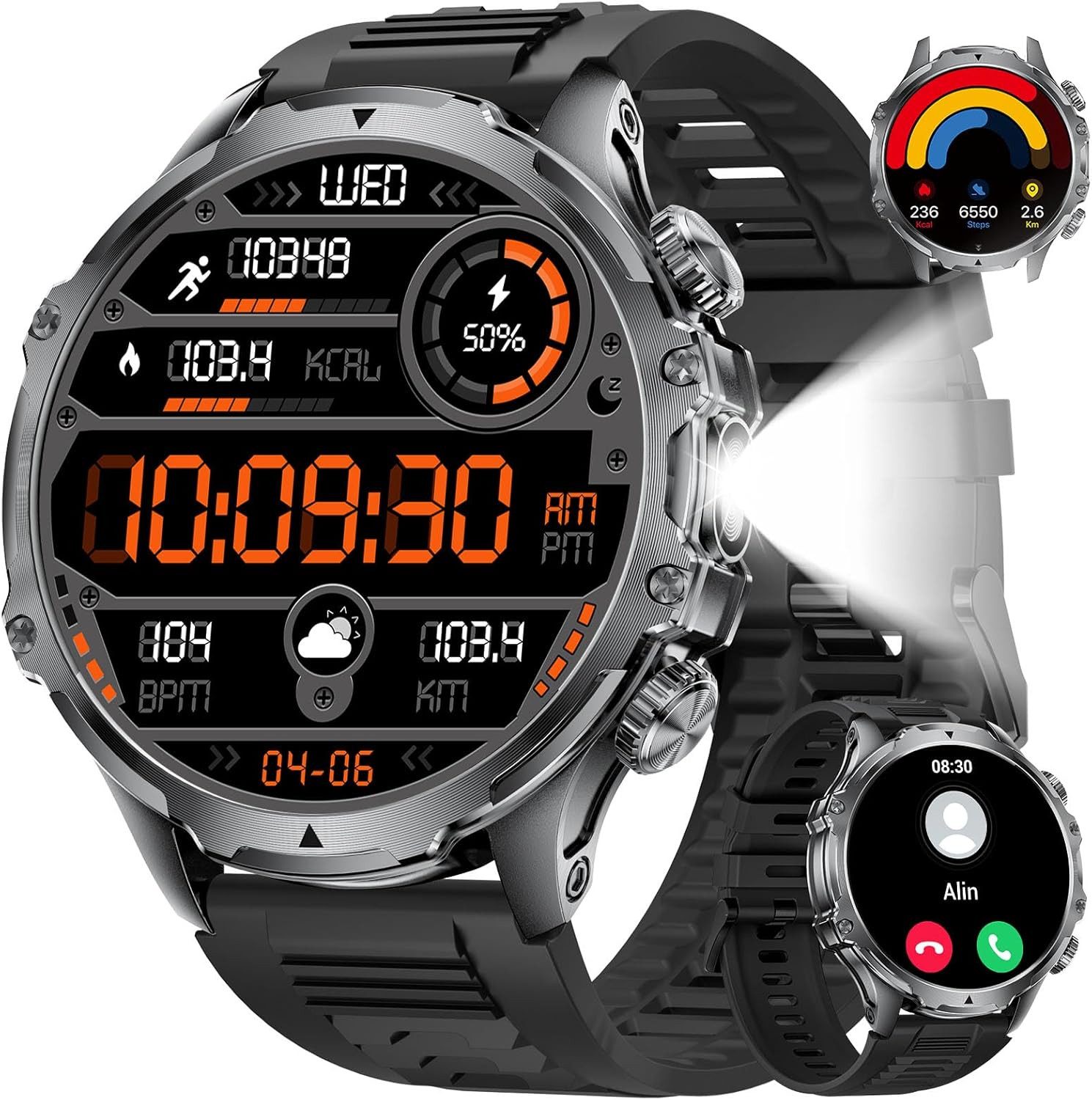 Zevelora Herren Militär 800mAh Akku HD-Display IP68 Wasserdicht Fitness-Tracker Smartwatch (1,85 Zoll, Android/iOS), Fitnessuhr mit SpO2/Herzfrequenz,Schlafmonitor für Android/iOS