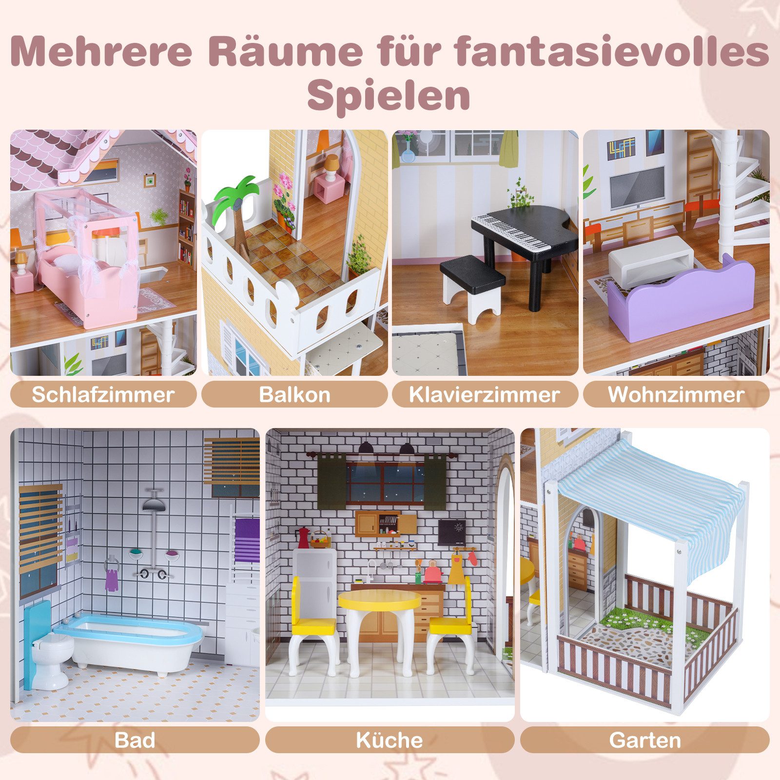 COSTWAY Puppenhaus, Familien-Puppenhaus mit 16 Teilen, Balkon & Garten