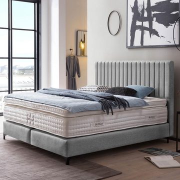 BettCo Boxspringbett Paris (in Hellgrau Webstoff, 140 x 200 cm), Pfeifensteppung Design + optionaler Topper, Schwarze Metallfüße