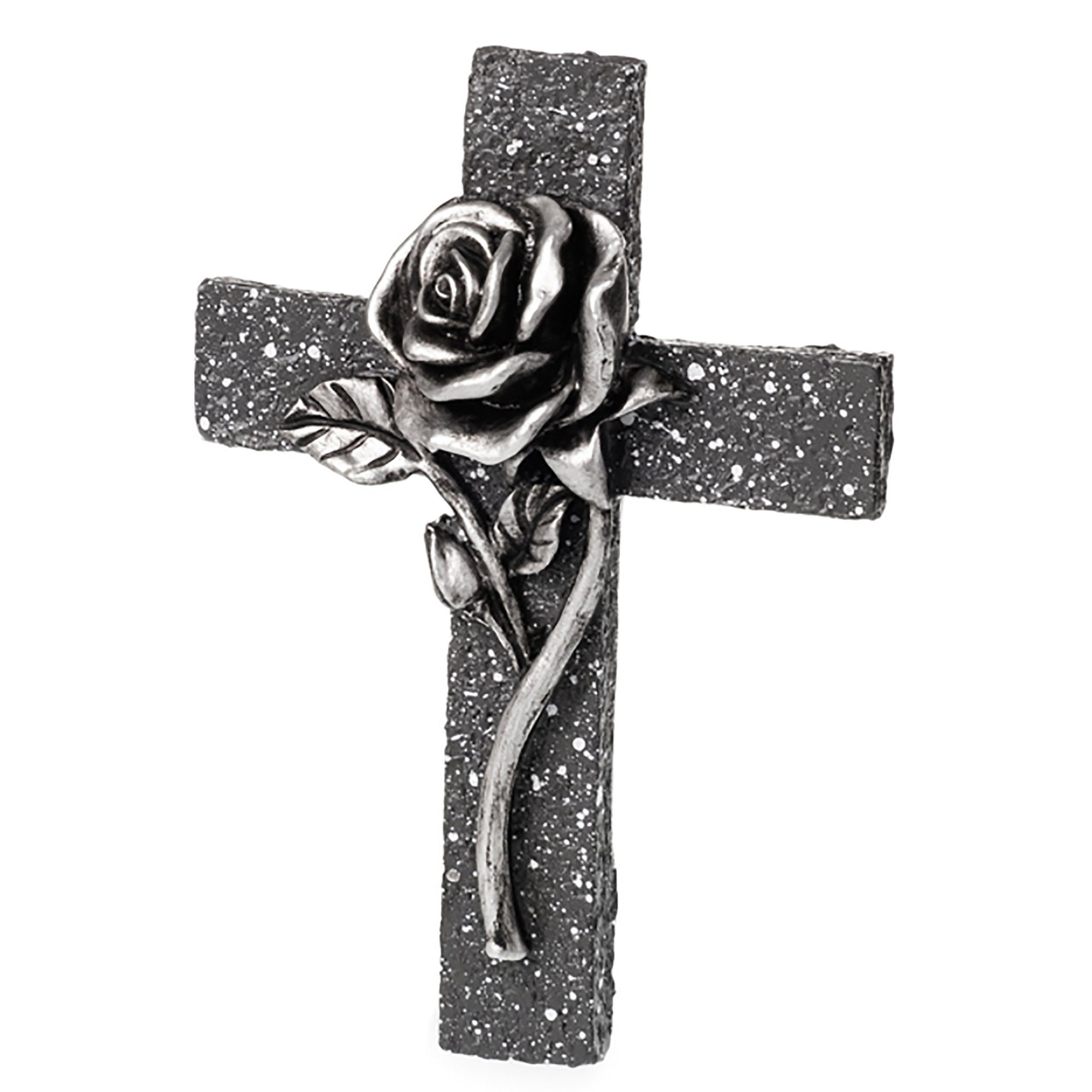 Annastore Gartenfigur Besinnliche Grabdeko zur Erinnerung - Grabschmuck, (Grabfigur, Friedhof Deko), frostfest und witterungsbeständig Kreuz mit Rose - anthrazit - H 12,5 cm