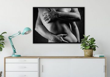 Pixxprint Leinwandbild Sinnliche Umarmung von hinten nackt, Monochrome, Wanddekoration (1 St), Leinwandbild fertig bespannt, in einem Schattenfugen-Bilderrahmen gefasst, inkl. Zackenaufhänger