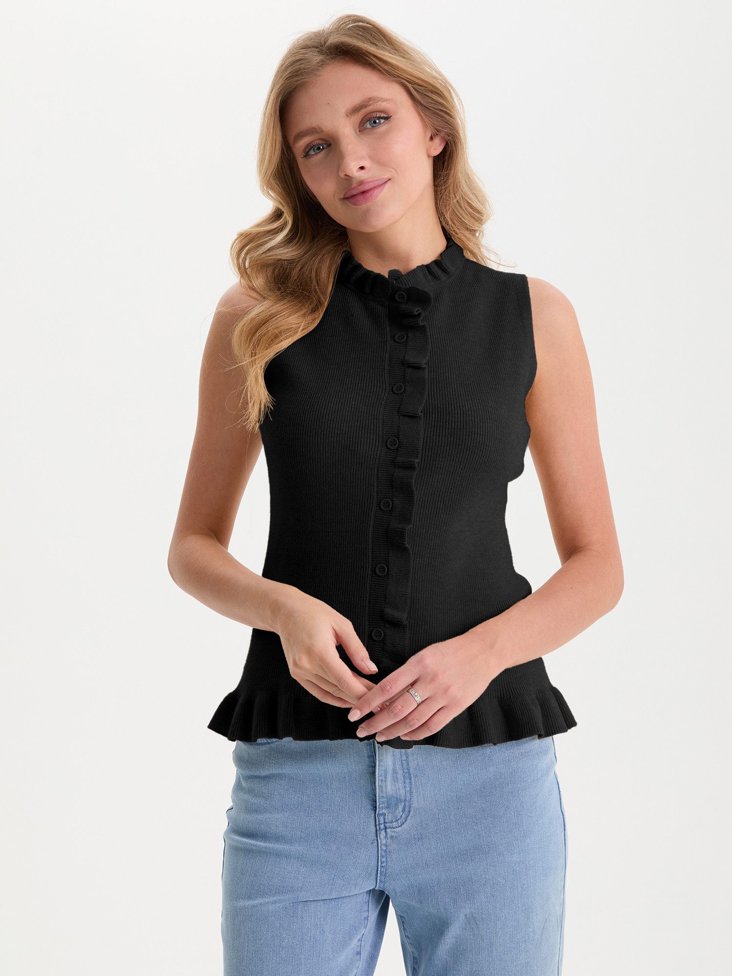 Imily Bela Kurzweste Damen Strickweste mit Rüschen und Knopfleiste (Packung, 1-tlg., 1per-Pack) einfarbig