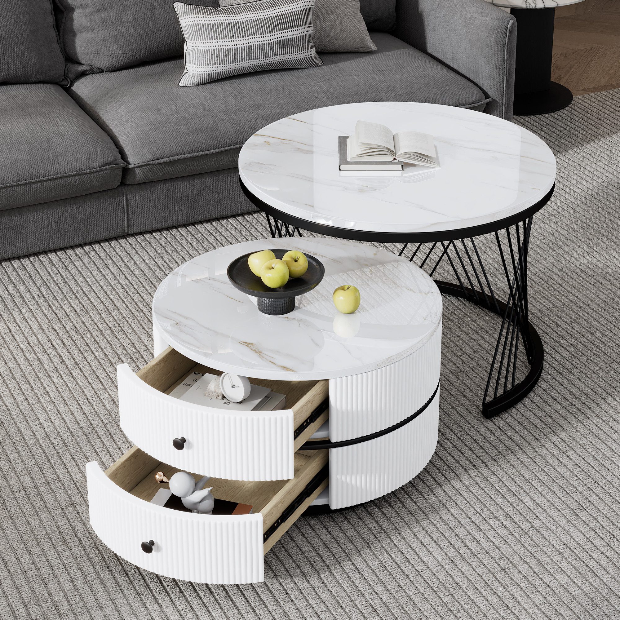 MODFU Couchtisch Couchtisch-Set in Nestform (Sofatisch, Wohnzimmertisch, 2-St., 60*60*46cm & 50*50*30.8cm), mit 2 Schubladen, hochglänzender Marmoroptik