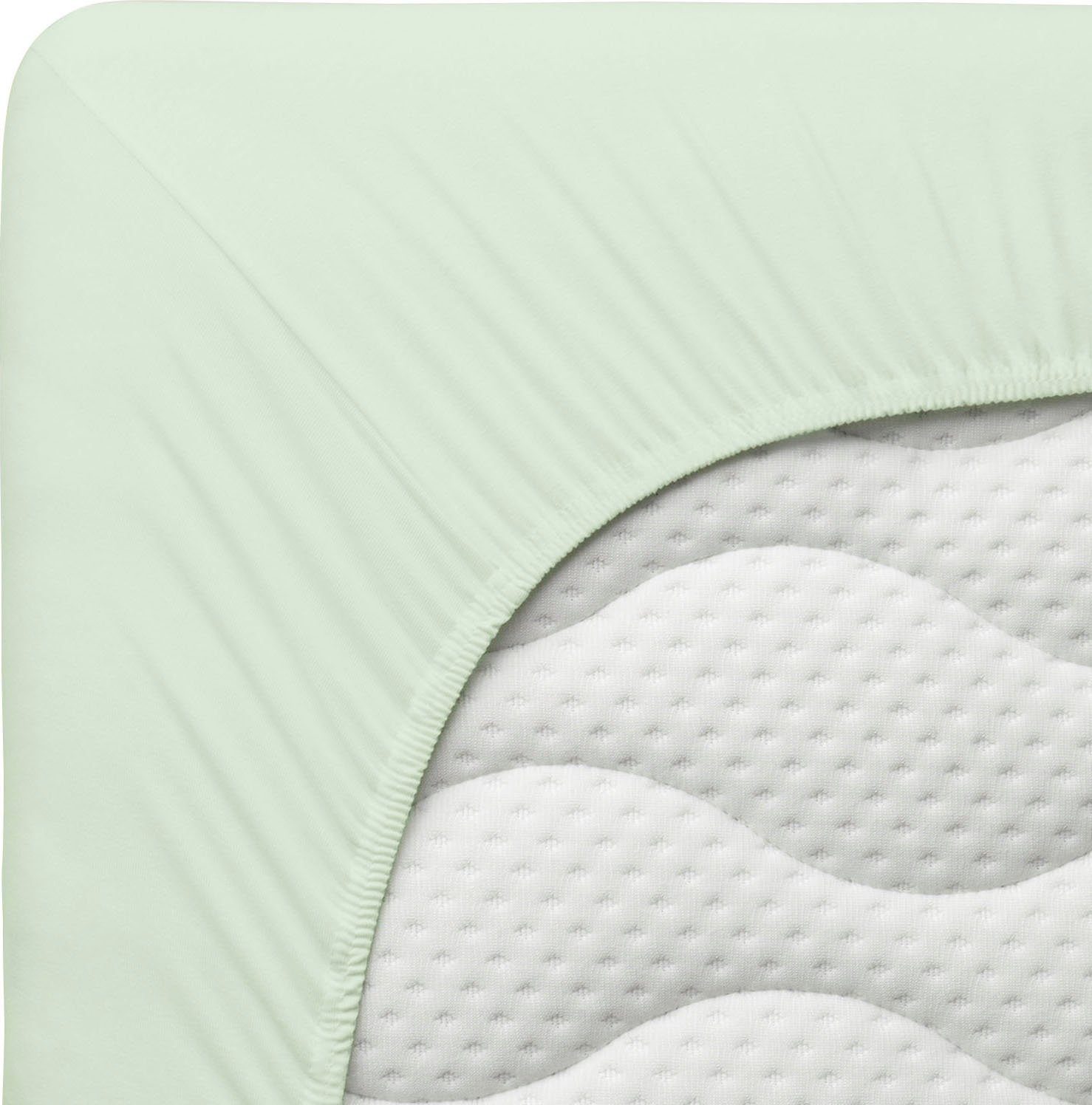 Schlafgut Spannbettlaken PREMIUM Mako-Zwirn-Jersey, 220 g/m², 95% Bio-Baumwolle, 5% Elasthan, Mako-Zwirn-Jersey, Gummizug: rundum, (1 Stück), Bettlaken bis 30 c – Bild 4 von 5