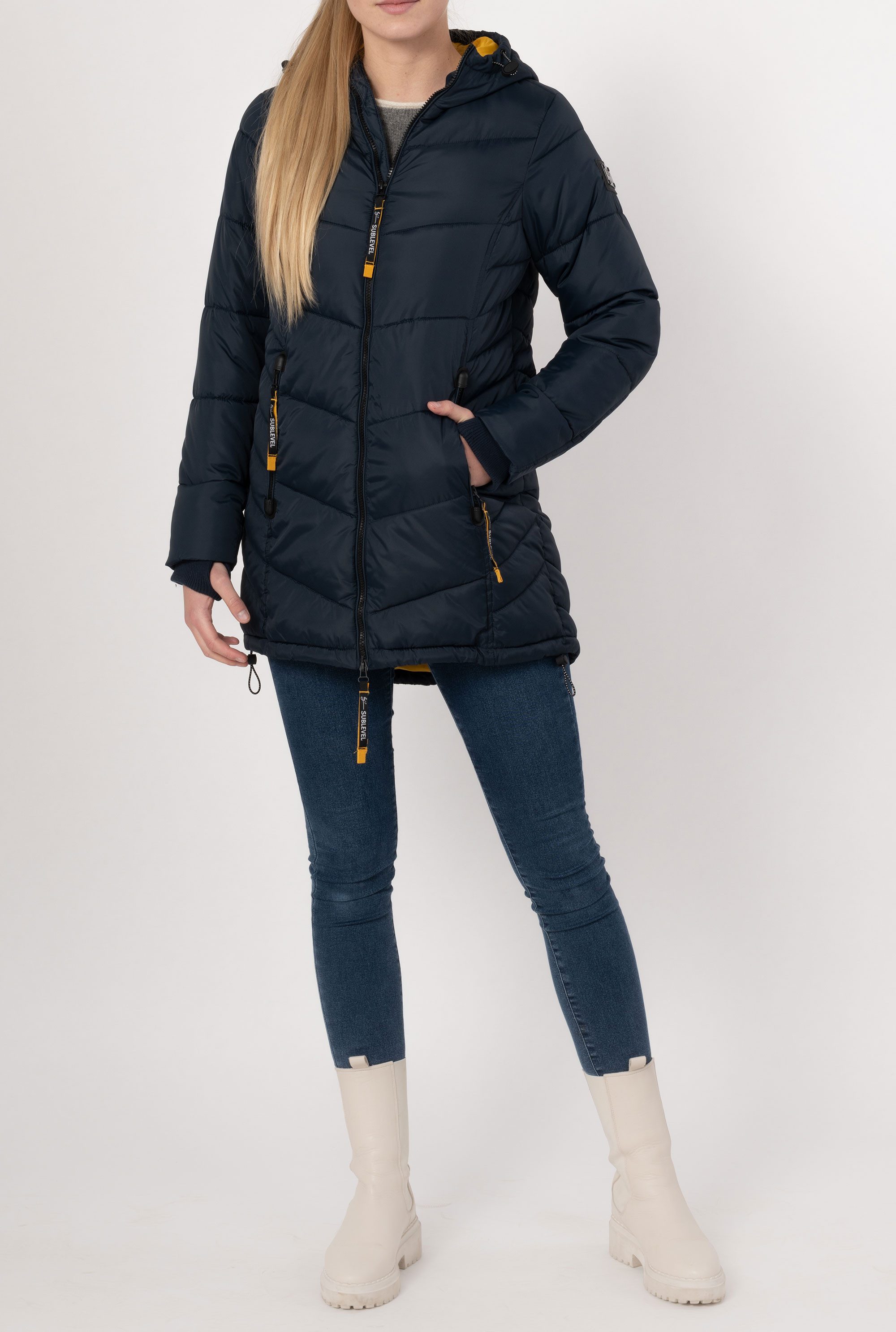 SUBLEVEL Steppjacke Damen Mantel mit Kapuze lange Winter Jacke Parka Stehkragen, Kapuze, flauschig, kuschelig, warm, Outdoor, Mantel