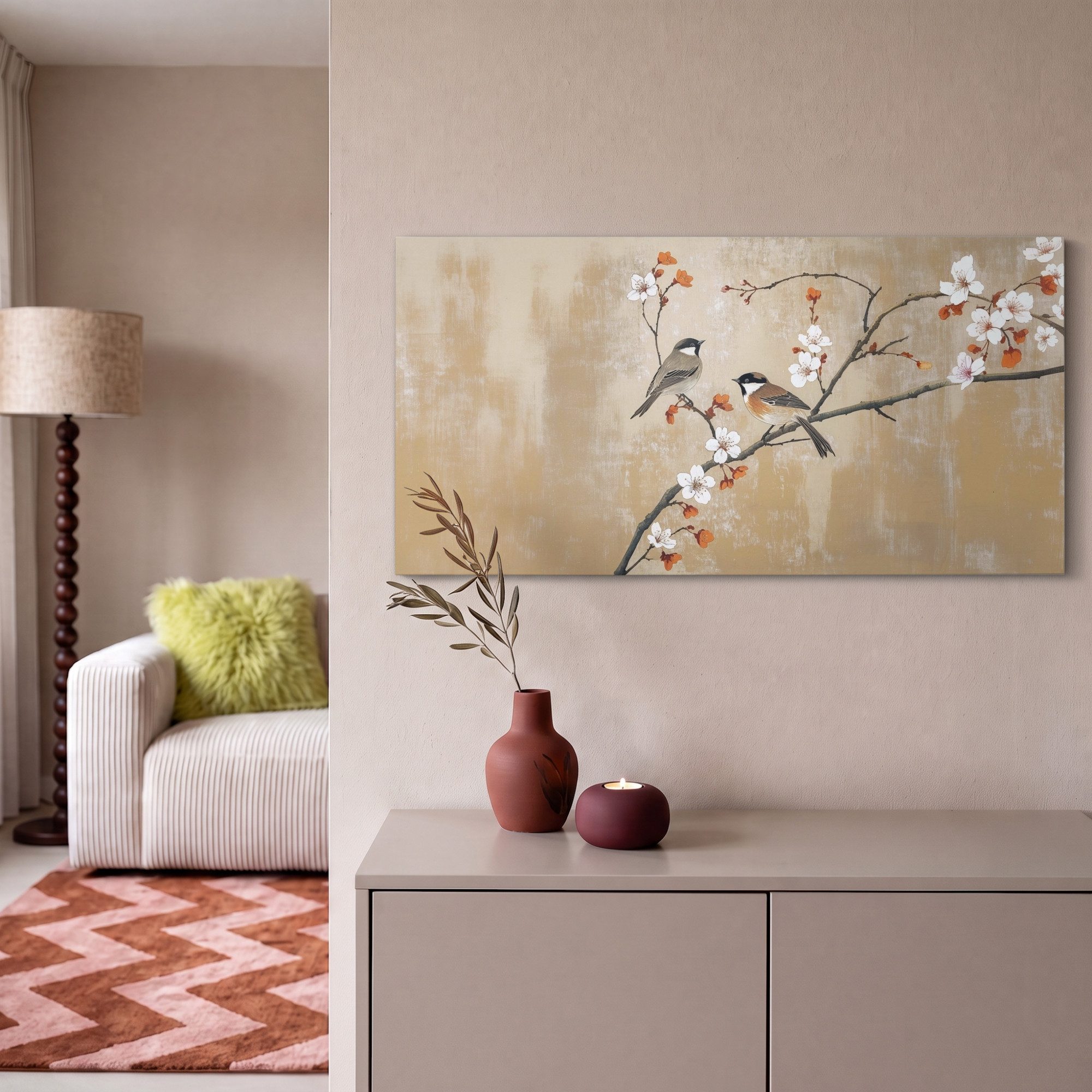 OneMillionCanvasses® Leinwandbild Panorama Vögel - Blütenzweig - Orange, Fotodruck (1 St), Wandbild, Deko Schlafzimmer Wohnzimmer Flur 40x20 cm – Bild 2 von 5
