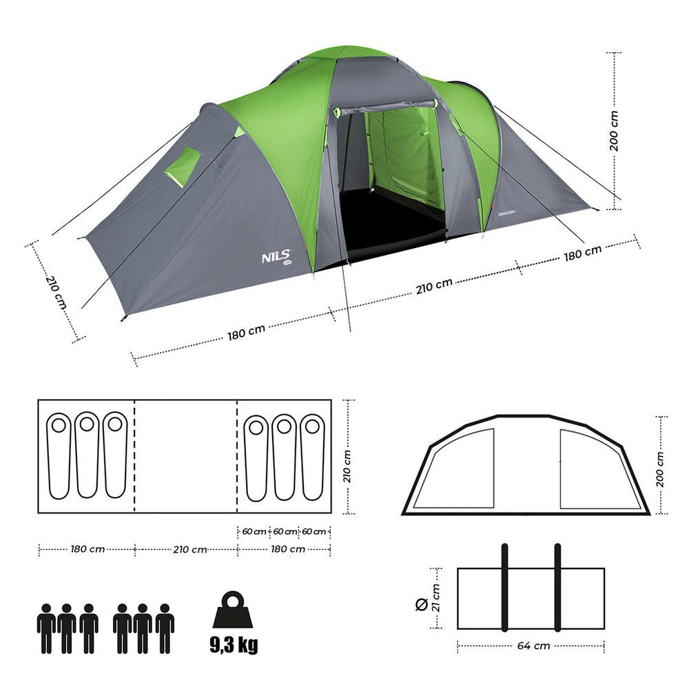NILS CAMP Faltzelt Campingzelt Trekkingzelt, Personen: 6 (1 tlg., 6-Personen), eräumiges Trekking- und Familienzelt für Camping