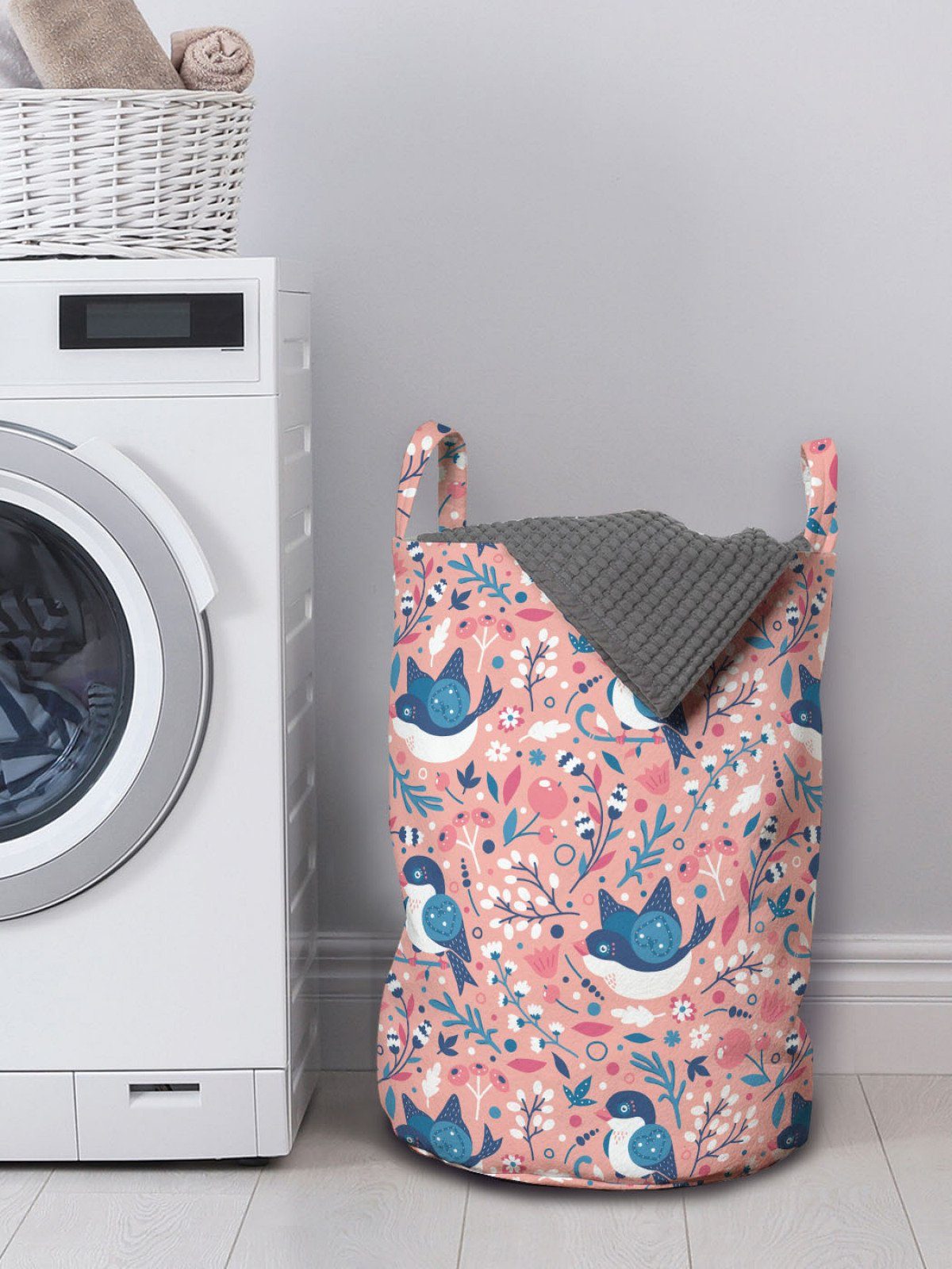 Abakuhaus Wäschesäckchen Wäschekorb mit Griffen für Botanisch Kordelzugverschluss Waschsalons, Frühlings-Garten-Vogel-Schönheit
