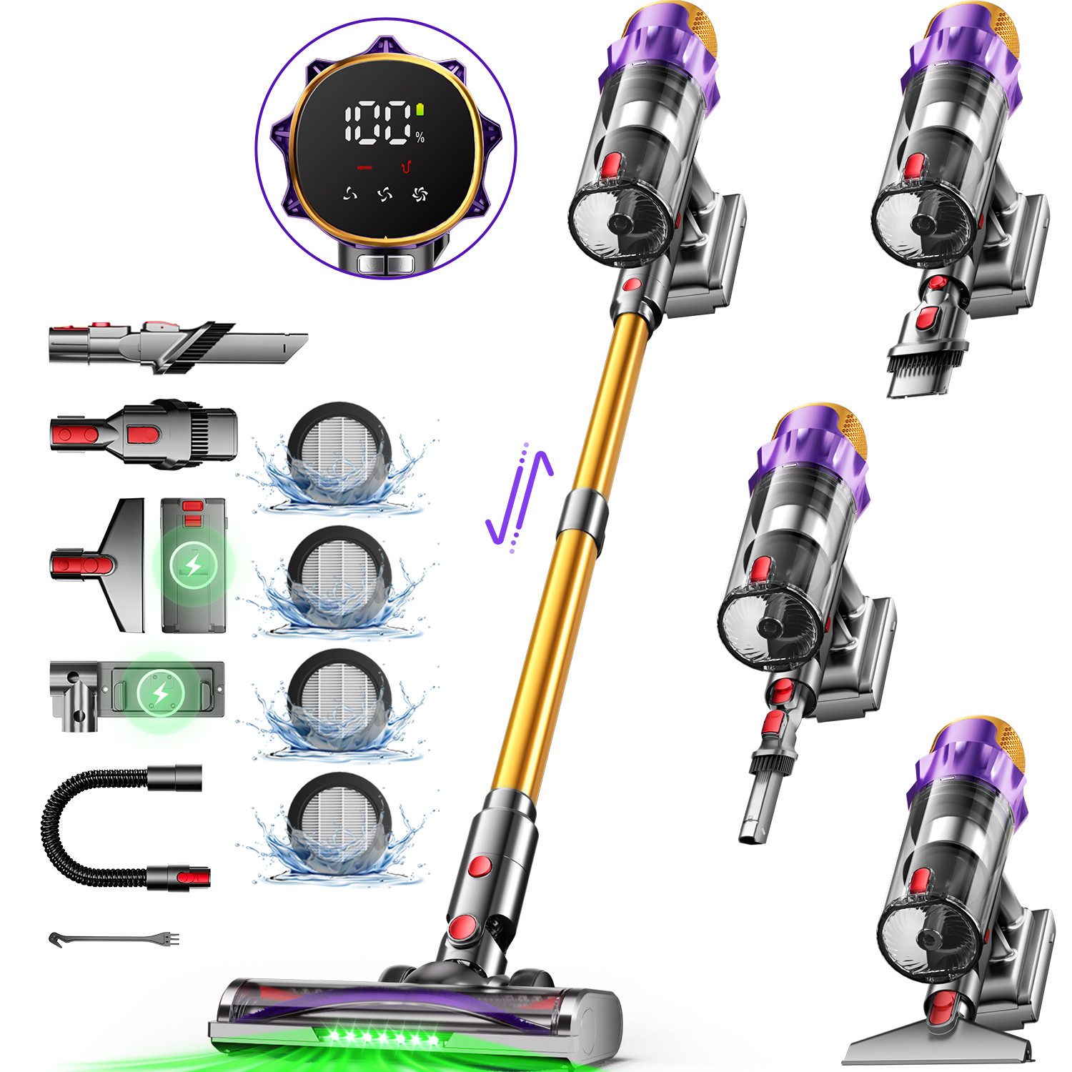Hiazurm Akku-Hand-und Стальной пылесос Akku Пылесосы,80000pa Akkusauger,70Min/1,8L, 700 W, Kabelloser Пылесосы mit LED-Display,HEPA*4, Super Leise Stabstaubsauger für Tierhaare und Teppiche