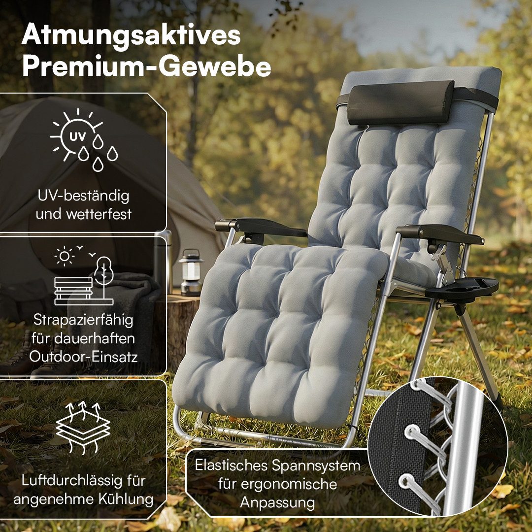 STEELSØN Gartenliege Lysira klappbarer Zero-Gravity-Stuhl, grau/silber, outdoor Liegestuhl, mit atmungsaktiven Polsterauflagen, Sonnenliege mit Getränkehalter