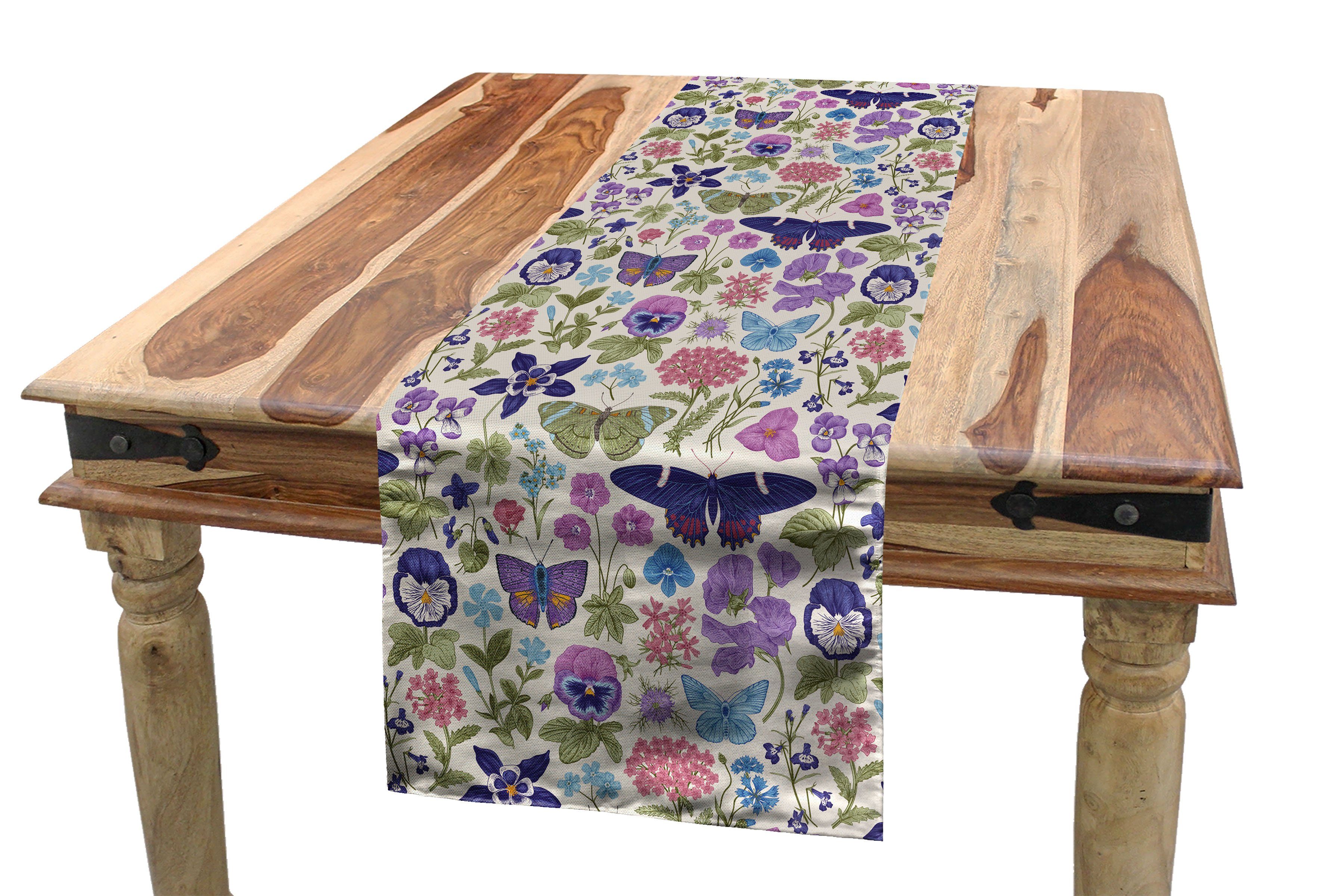 Abakuhaus Tischläufer Esszimmer Küche Rechteckiger Dekorativer Tischläufer, Blumen Schmetterlings-Stiefmütterchen Blumen-Blatt