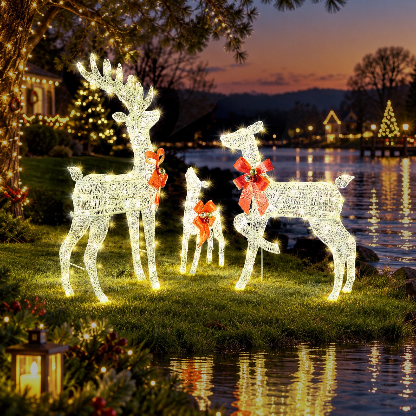 LALAHO Weihnachtsfigur 3-teiliges LED Rentier Familie Weihnachtsbeleuchtung, mit 240 LEDs, Rentier Weihnachten Deko für Außen und Innen