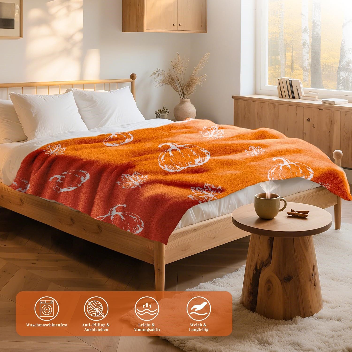 Wohndecke Herbst Kürbisse Decke, Kürbis & Blätter Halloween Decken, FOUORTUNATE-BEE, Weiche Überwurfdecke für Sofa & Bett, Halloween Dekoration, 130x150 cm – Bild 3 von 5