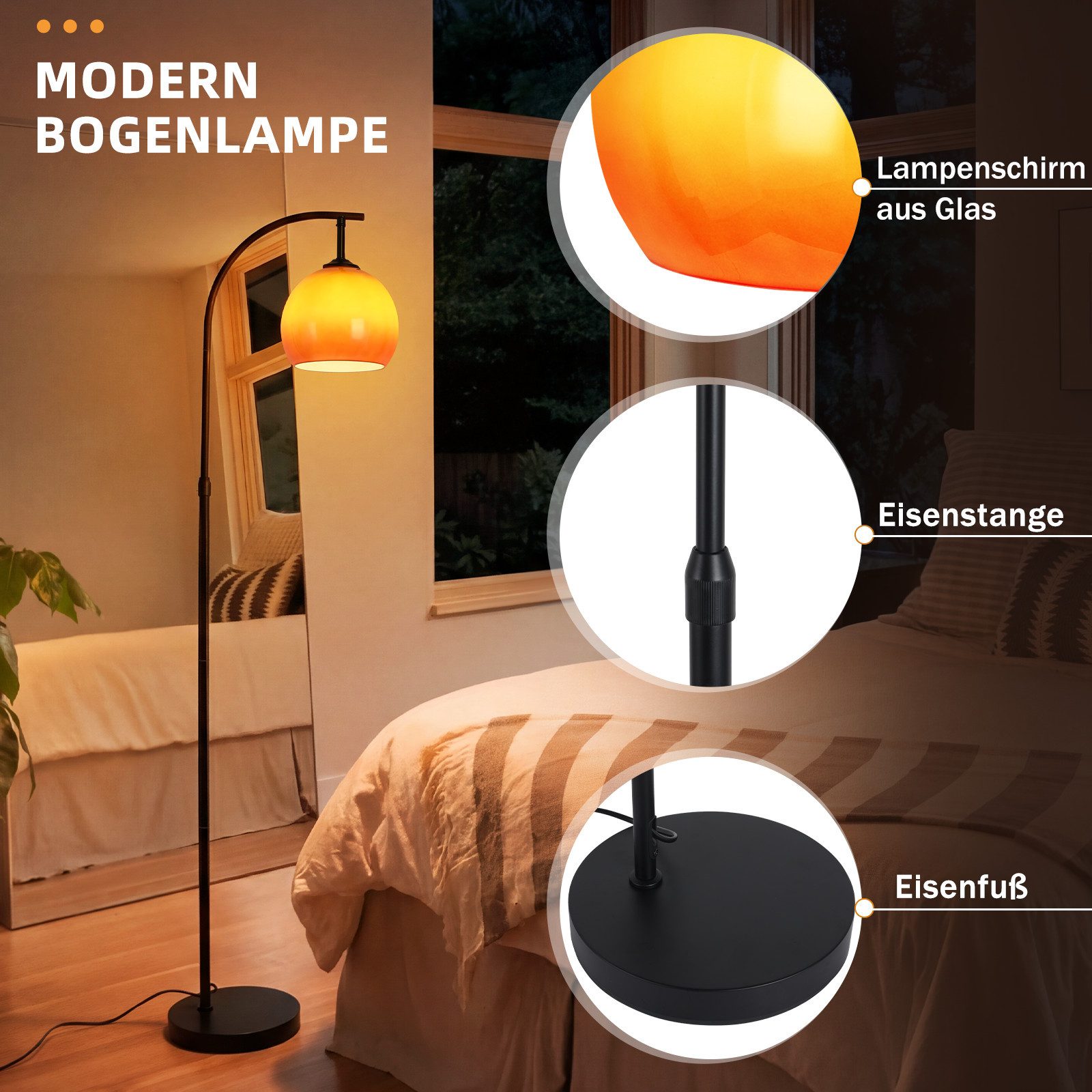 Nettlife Stehlampe bogen wohnzimmer Glas Kugel E27 160CM Höhe drehbarer Fußschalter, ohne Leuchtmittel, für Wohnzimmer Schlafzimmer Arbeitszimmer Eisen Glas 220 – Bild 3 von 5