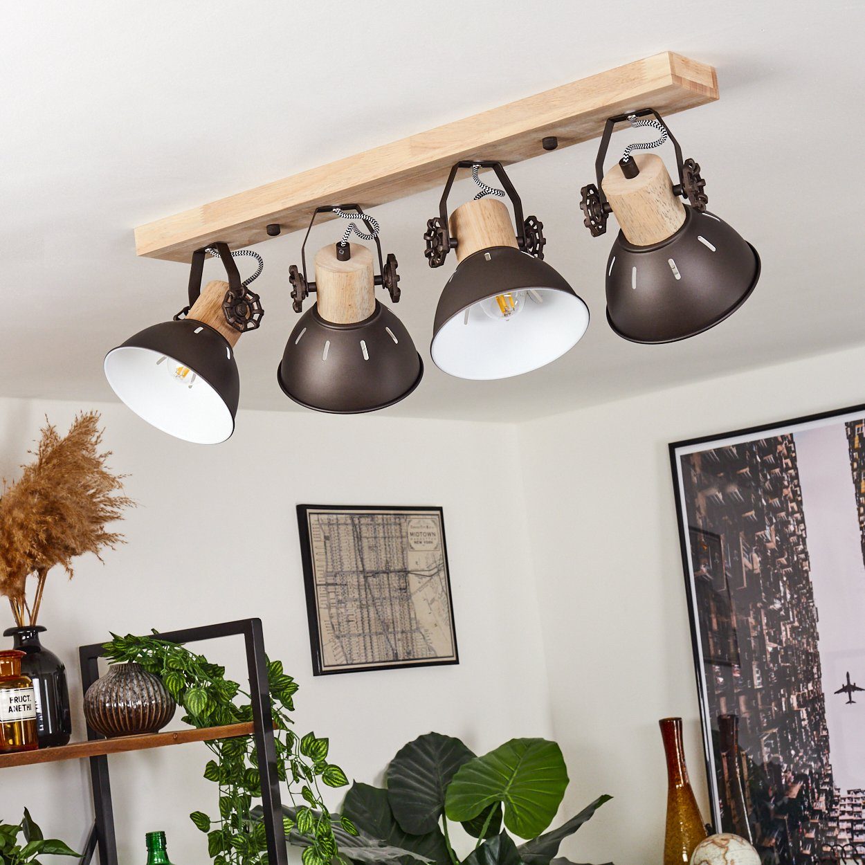 hofstein Deckenleuchte »Cotes« Deckenlampe aus Metall/Holz in Braun/Weiß/Natur, ohne Leuchtmittel, mit Holzbalken, Textilkabeln und verstellbaren Strahlern, E27 – Bild 2 von 5