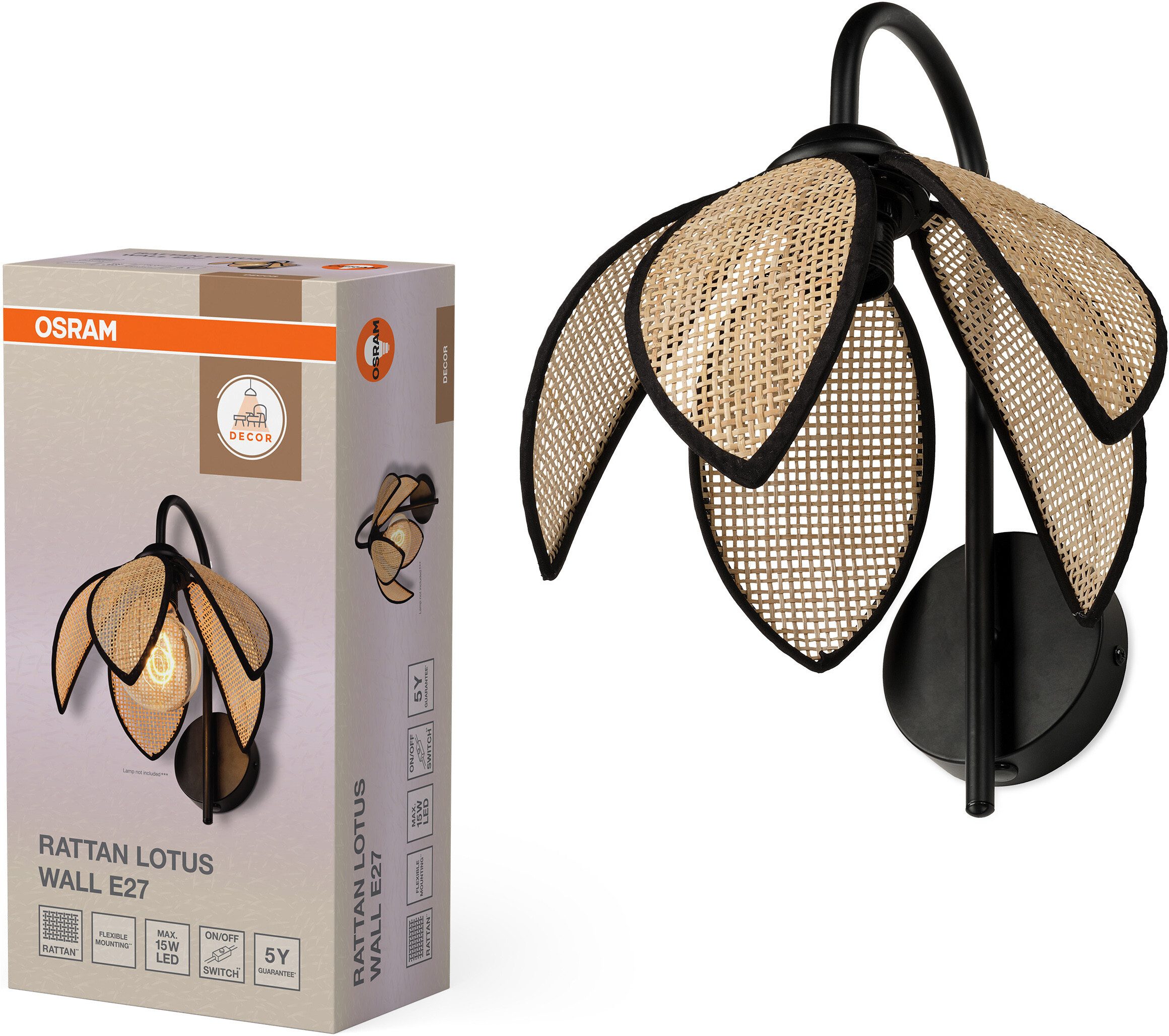Osram Wandleuchte Decor Rattan, ohne Leuchtmittel, braun, E27, Rattan und Stahl